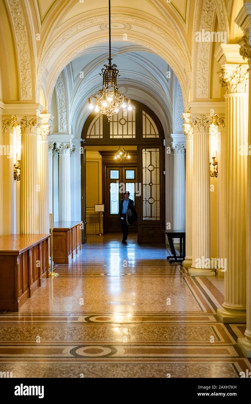Interior of the Hungarian Academy of Sciences (MTA), its central building was inaugurated in 1865, in Renaissance Revival architecture style. Stock Photo