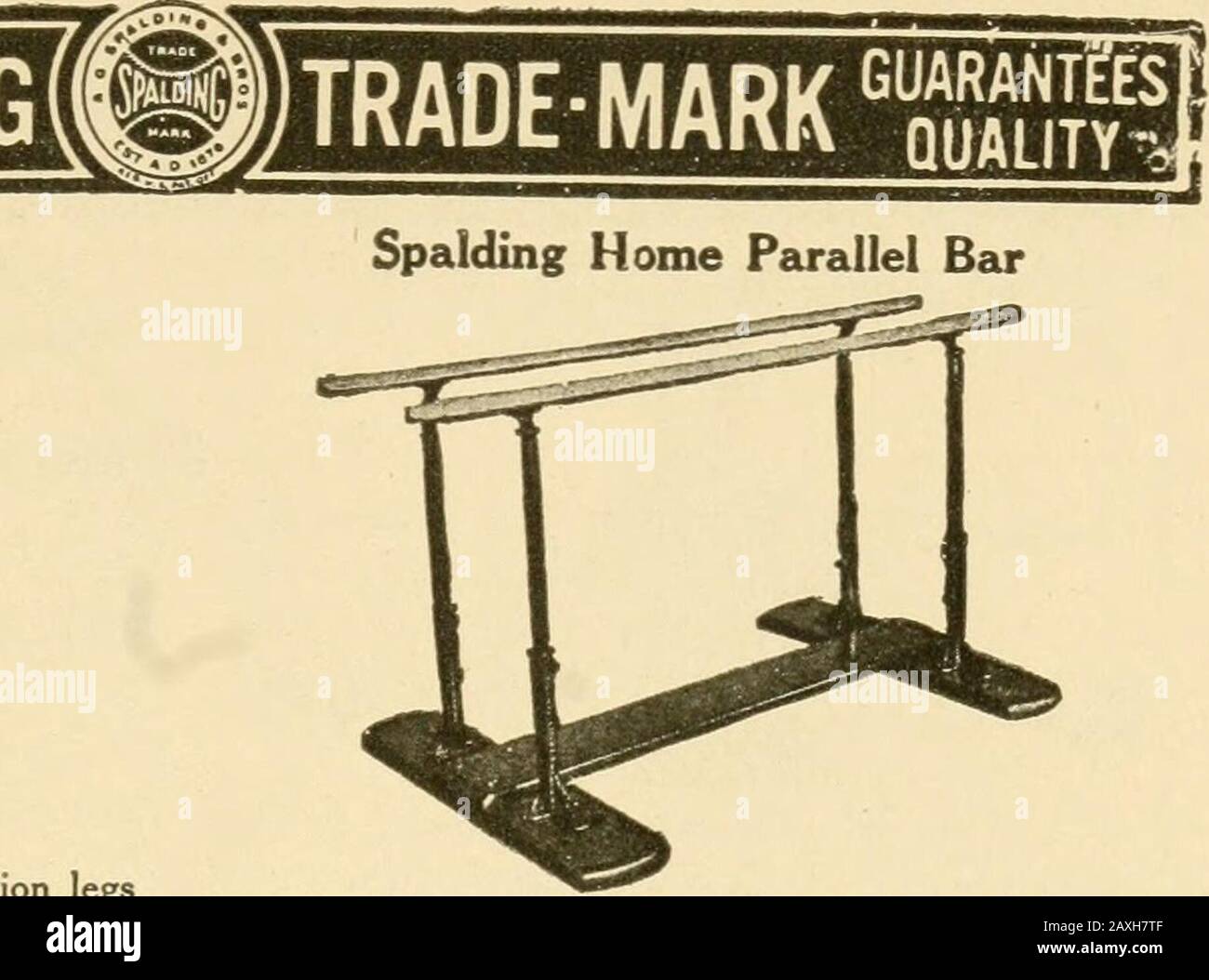 Graded calisthenic and dumb bell drills . No. 1. Four legs, telescoping, the inside or extension legsbeing made of hard wood, with iron hoofs. Body coveredwith cowhide of the best quality. Closed pommels, easilydetachable . Complete, $60.00 Spalding Floor Horizonted Bars. No. 101. This is an excellent medium priced bar, madeadjustable in height and of good material throughout. Thebase is constructed of hard wood, the uprights are iron andfree from any dangerous projections or comers. The handrails are 8 feet long, regular, but may be furnished in anydesired length at additional cost. Floor spa Stock Photo
