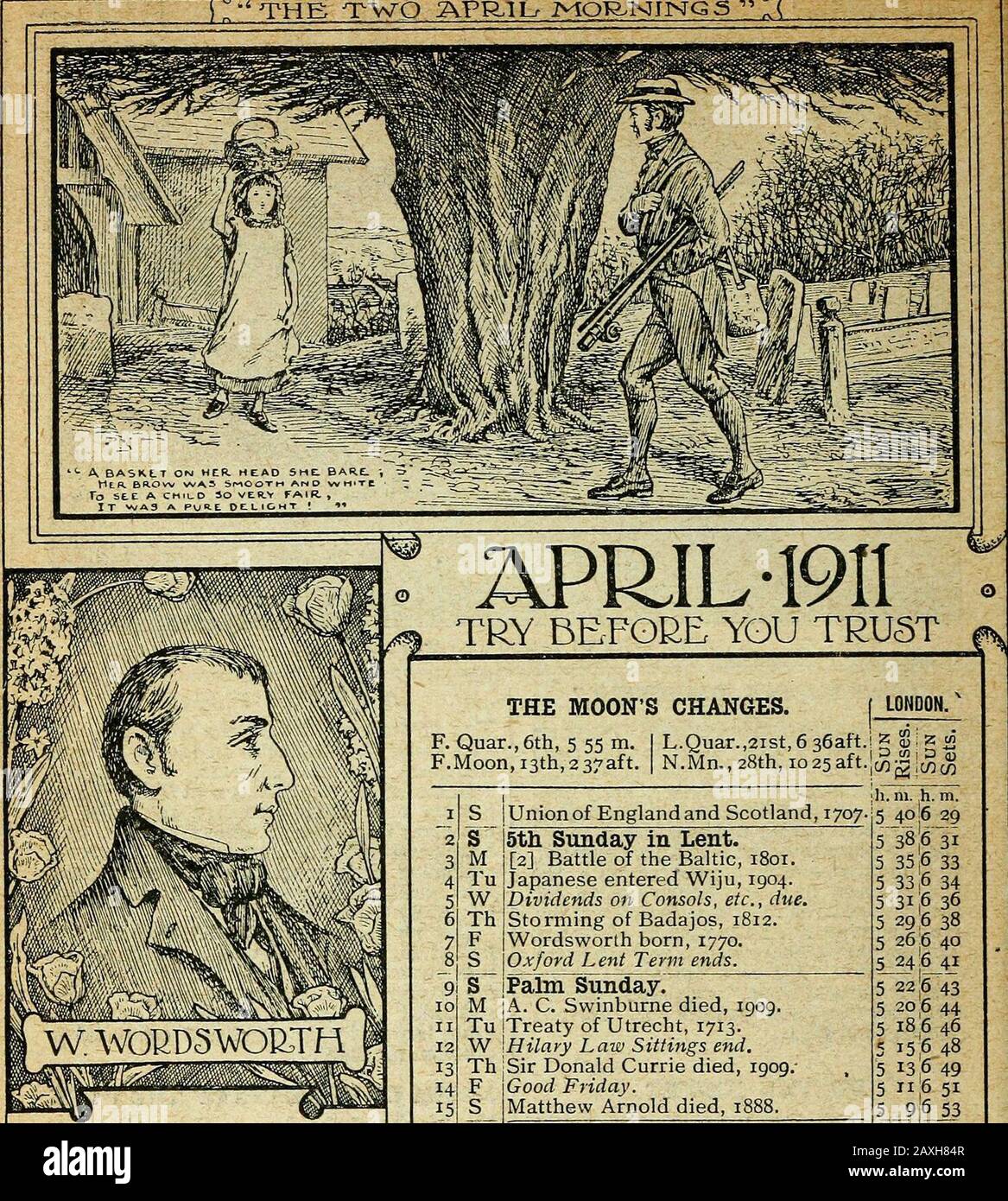 The Forfar Directory and Yearbook 1911 . rted off in a last despair-ing attempt to catch his rival, and had almostsucceeded in his object when he was onceagain beaten by the wind and compelled toabandon the flight. NAMES OF THE DAYS OF THE WEEK The names of the days of the week are ofSaxon origin, their spelling, of course, beingmodernised. The Romans named the firsttwo days after the sun and moon respectively,and the Saxons followed their example, butin their own language. Thus Sunnan-daeg isour Sunday and Monan-daeg our Monday.The other five days were named after godsor other mythical person Stock Photo