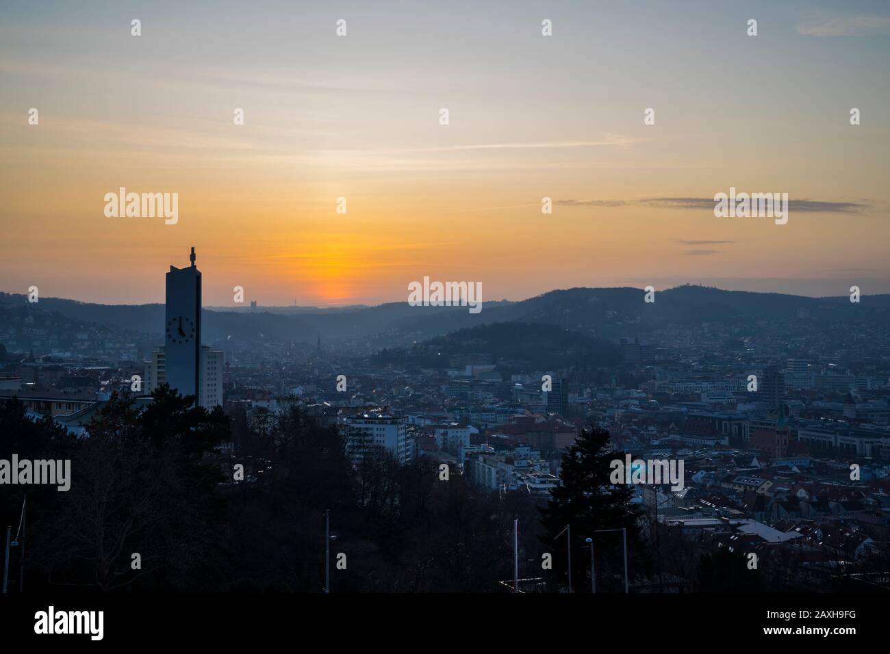 Germany, Skyline of stuttgart city downtown houses and churches from ...