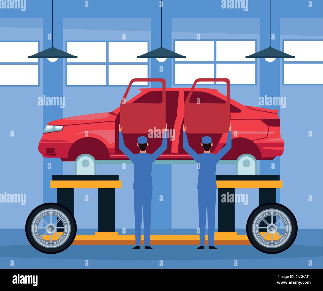 car repair shop scenery with mechanics holding up a doors with lifted