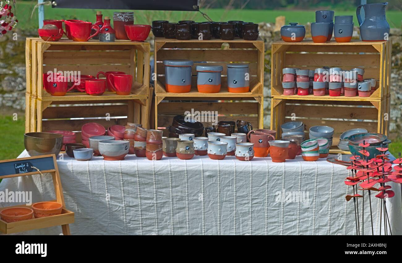 Market stall with various ceramic tea cups Stock Photo