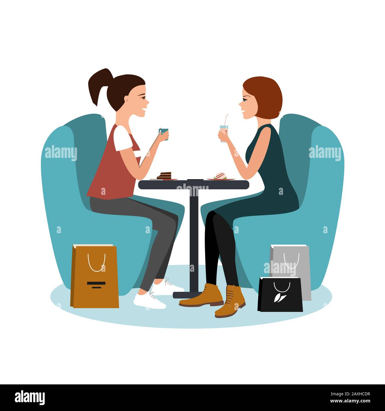 Two happy girls sitting at the cafe after shopping isolated over white background. Vector illustration Stock Vector