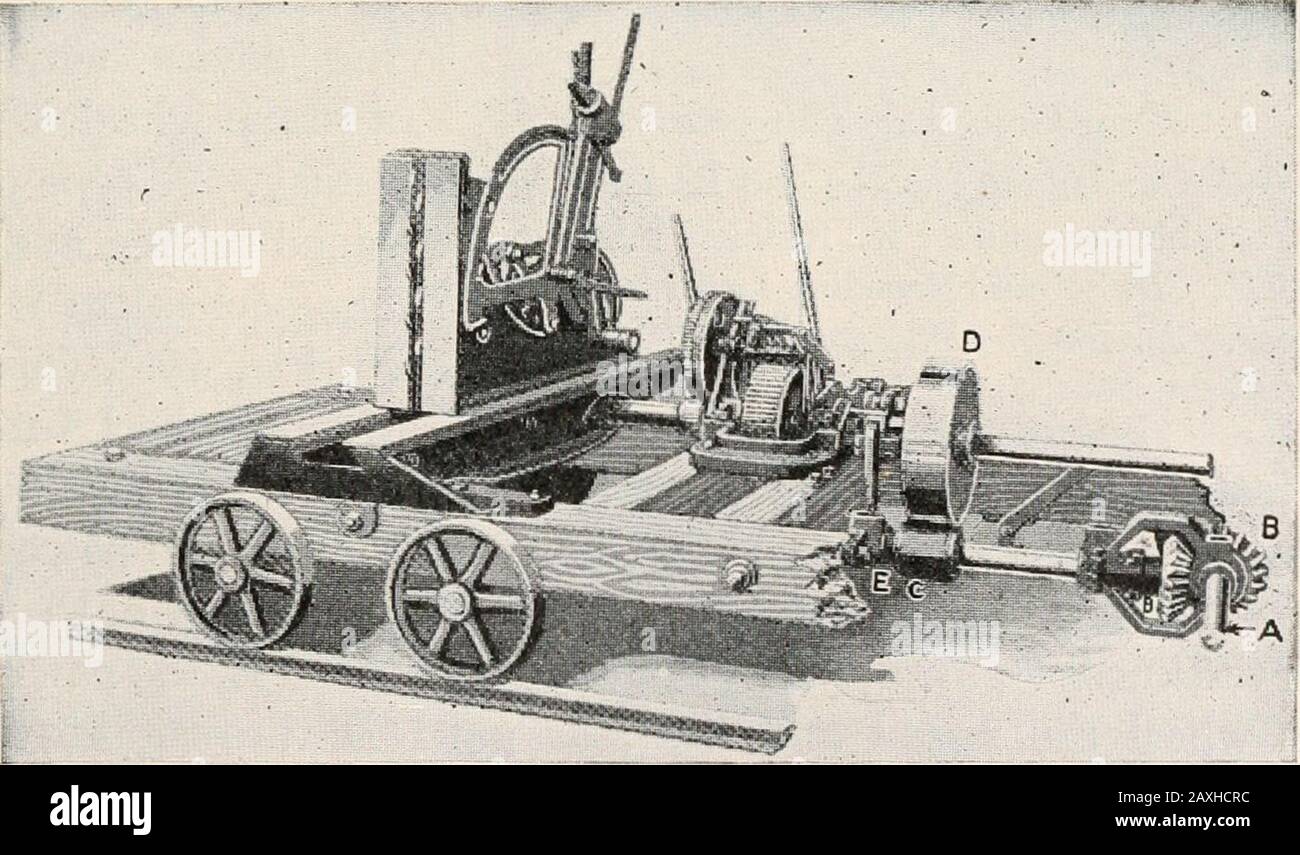 Lumber, its manufacture and distribution . Markings which in-dicate the Distancefrom the Saw Lineto the Face of theKnees, and also itsequivalent in Cutsof Various Thick-nesses.. By permission Clarl Bros. Co. Fig. 45.—Friction Receding Mechanism for a Sawmill Carriage. A. Carriage Axle.B. Miter Gears. C. Paper-faced Friction Wheel. D. Iron-faced FrictionWheel. E. Movable Shaft Bearing. 66 SAWMILL EQUIPMENT I of the ratchet wheel by means of the pawl lifters F. When the set-leveris against the stop P, the pawl lifters are opposite each other and canbe raised with one motion of the hand. In some Stock Photo