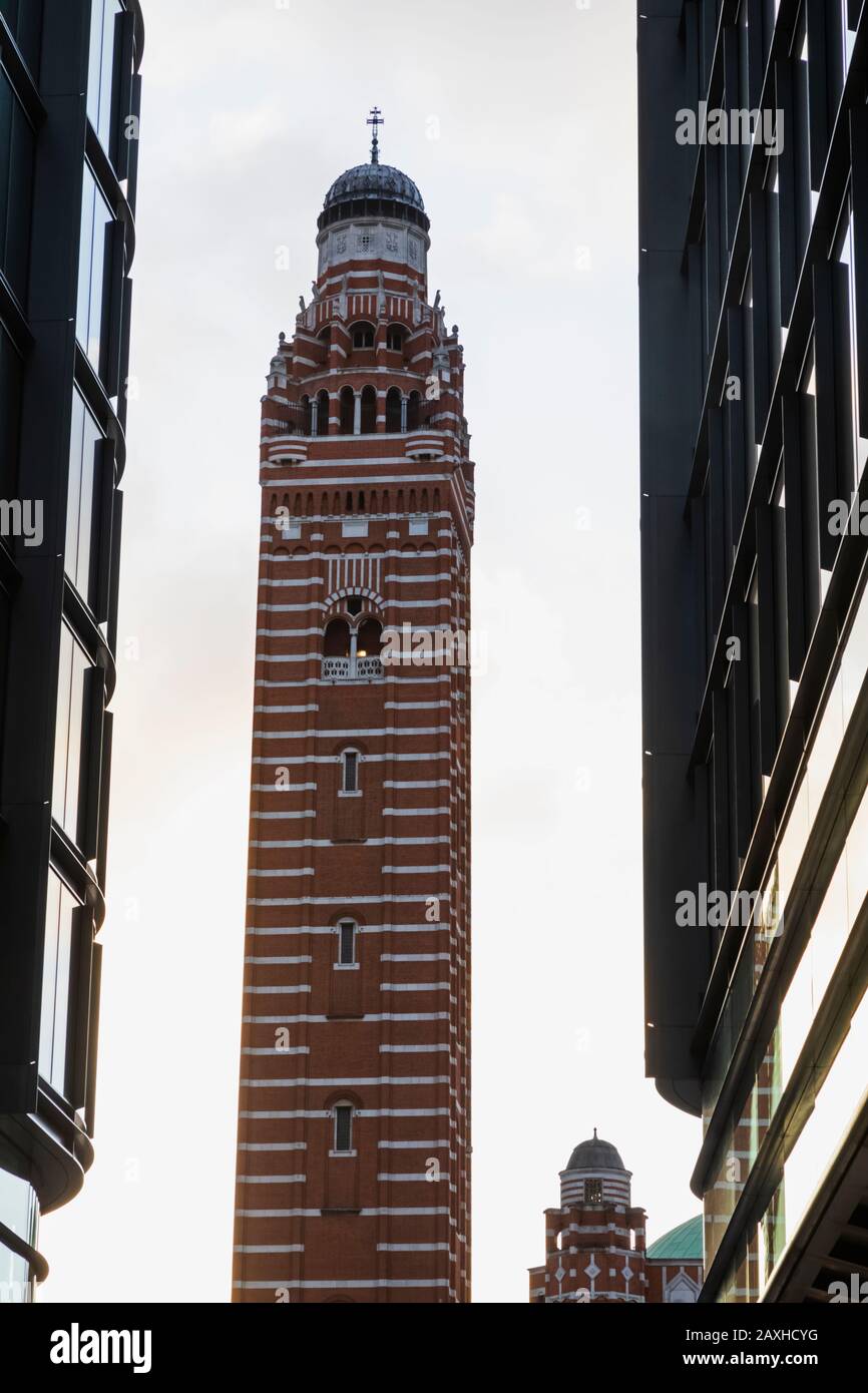 England, London, Westminster, Westminster Cathedral, Cathedral Tower and Modern Buildings Stock Photo