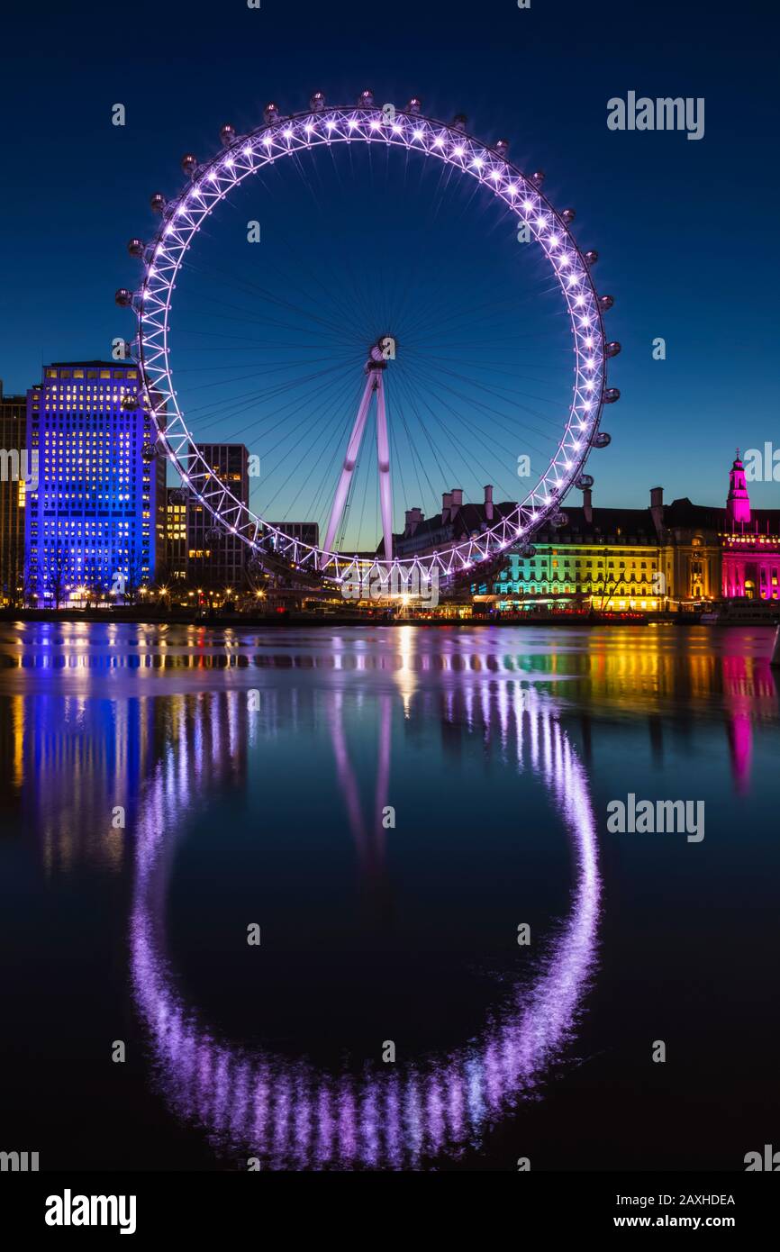 England, London, London Eye and County Hall Building at Night Stock ...