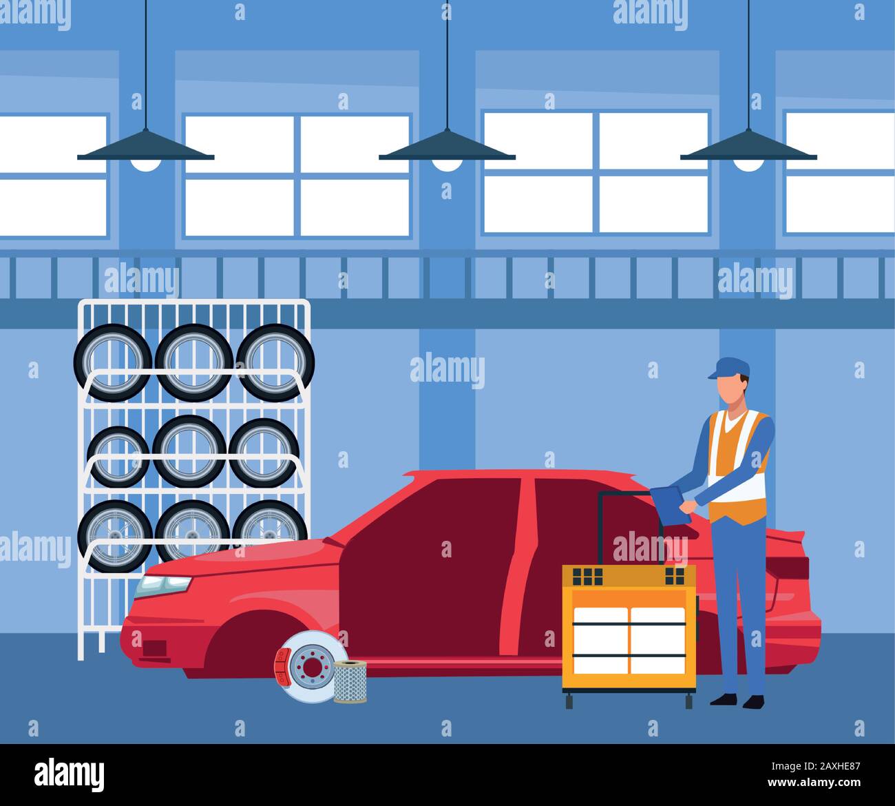 car repair shop scenery with car tires rack and mechanic working on car