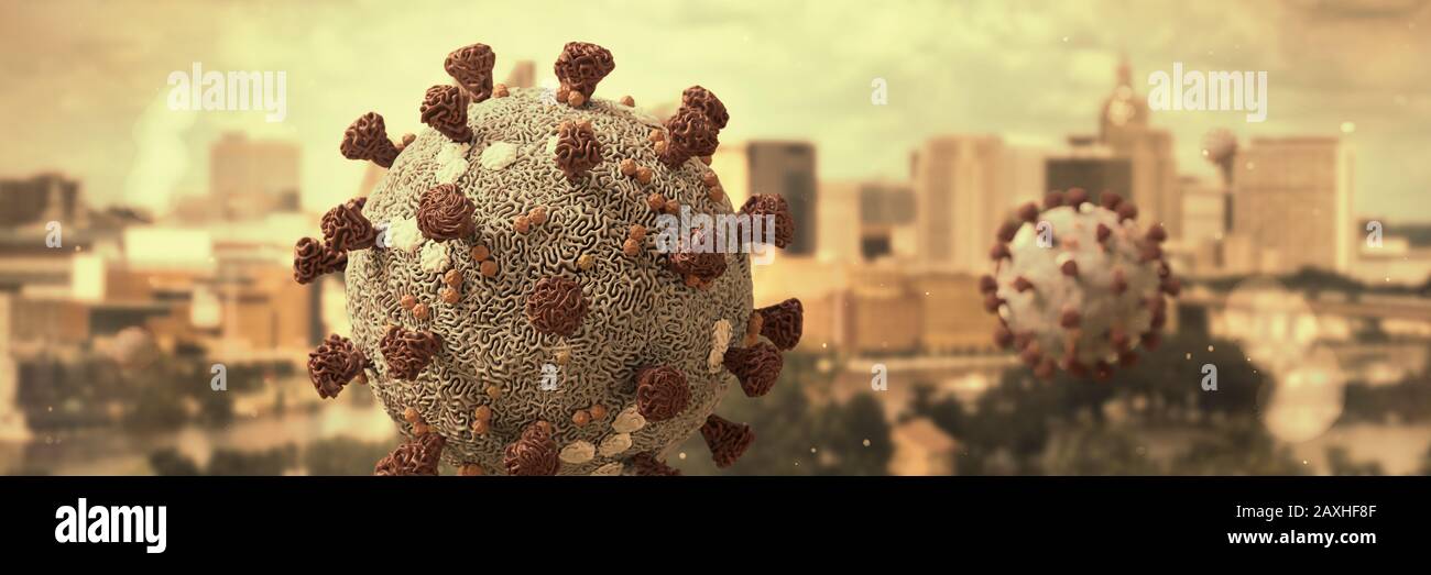 coronavirus outbreak, health threatening virus in city environment, microbiology close up scene Stock Photo