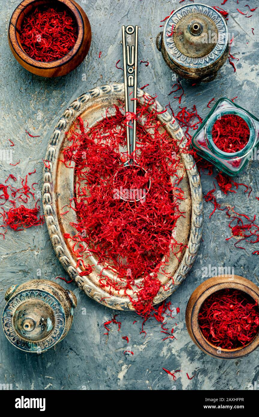 Exotic Spice Saffron On A Vintage Oriental Tray Stock Photo Alamy Exotic Spice Saffron On A Vintage Oriental Tray Stock Photo Alamy