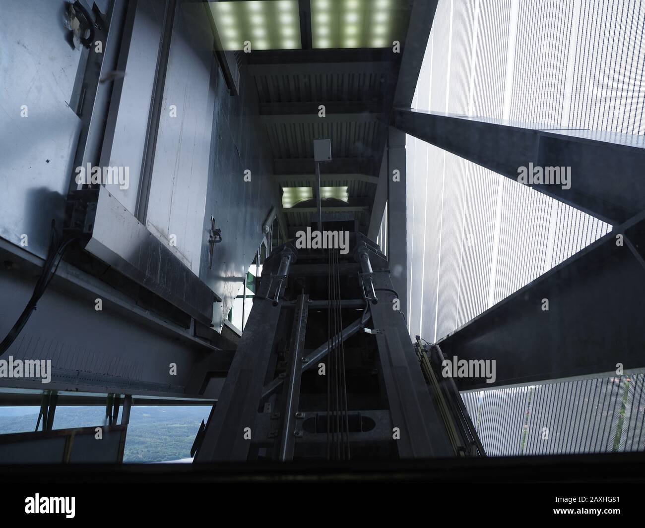Indoor of metal construction of ski jump elevator in Holmenkollen near