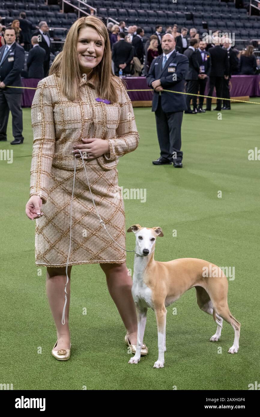 New York, USA. 11th Feb, 2020. Handler Cheslie Pickett Smithey from Athens, Georgia, smlies next to her Whippet 'Bourbon'  after winning the runner-up prize of Reserve Best in Show at the 144th Westminster Kennel Club Dog show in New York city's Madison Square Garden.  Whippet had won the Hound Group the previous day.  Credit:  Enrique Shore/Alamy Live News Stock Photo