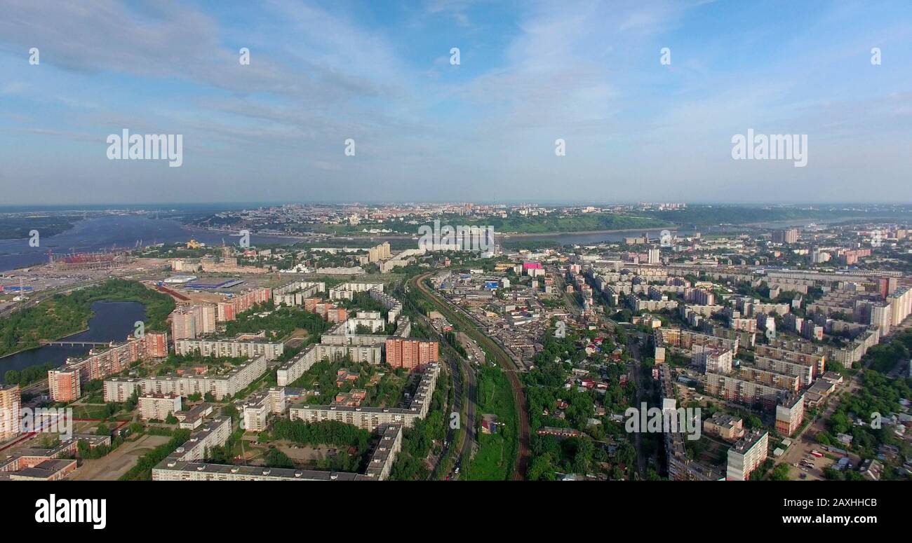 Panorama of the modern city of Nizhny Novgorod. Russia. Height 400 meters. Visible are the Volga and Oka rivers, the upper part of the city. Stock Photo