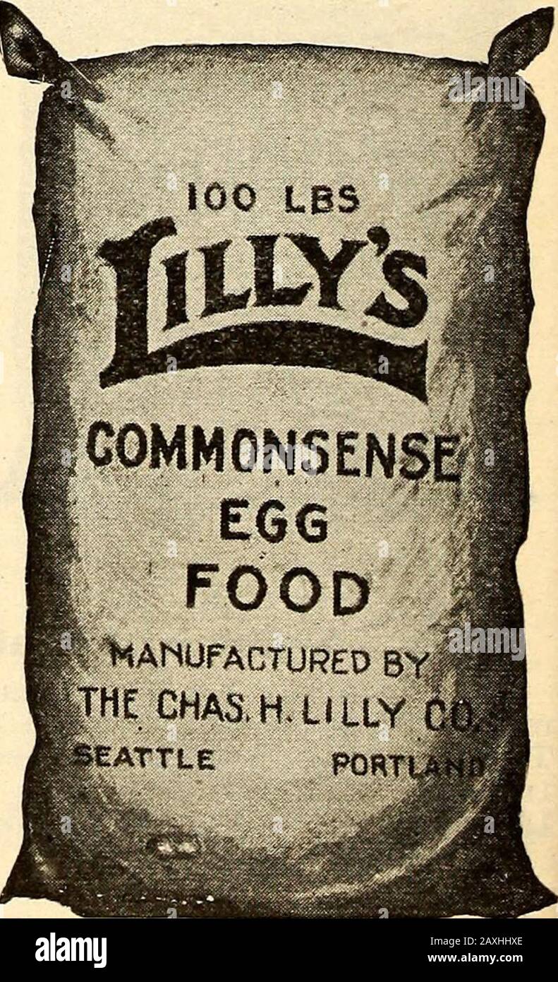 Lilly's complete annual catalog : seeds fertilizers stock foods bee supplies spray materiels poultry supplies . mash. We cannot quote prices that willapply all the year. See enclosed sup-plement, or later issues. 100 LBS HIGH PROTEIN EGG MASH ^AJHUFAGTUREO BYCHAS.H.LILLY C(d iVfS fhgg Poultry poods 1 ? Are Standard Common Sense Egg Food A Mash Food for Breeders and Layers Lillys Common Sense Egg Food is another dry mash food com-posed of ground grains and animal matter in correct proportionsto supply the material to make muscle, feathers and eggs. It isnot a forcing food, but will produce a n Stock Photo