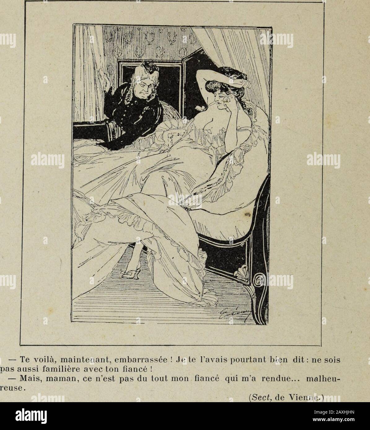 Images galantes et esprit de l'etranger: Berlin, Munich, Vienne, Turin, Londres . — Dieu, que de galanterie ! Mais ce que je désirais connaître cétait ton opi-nion sur cette mode. Elle vient de Bruxelles et sappelle le nouveau pape parcequelle a la forme dun chapeau de cardinal. Les journaux avaient donc raisonquand ils disaient que lélection du pape trouvait de lécho partout, même chezles gens de notre bord. — Fort bien, dautant que je nai à payer ici que les frais délection. Caricature de C. Koystrand (Wiener Caricaturen, 1903). (*) Les gens au courant des multiples inventions et nouveautés Stock Photo