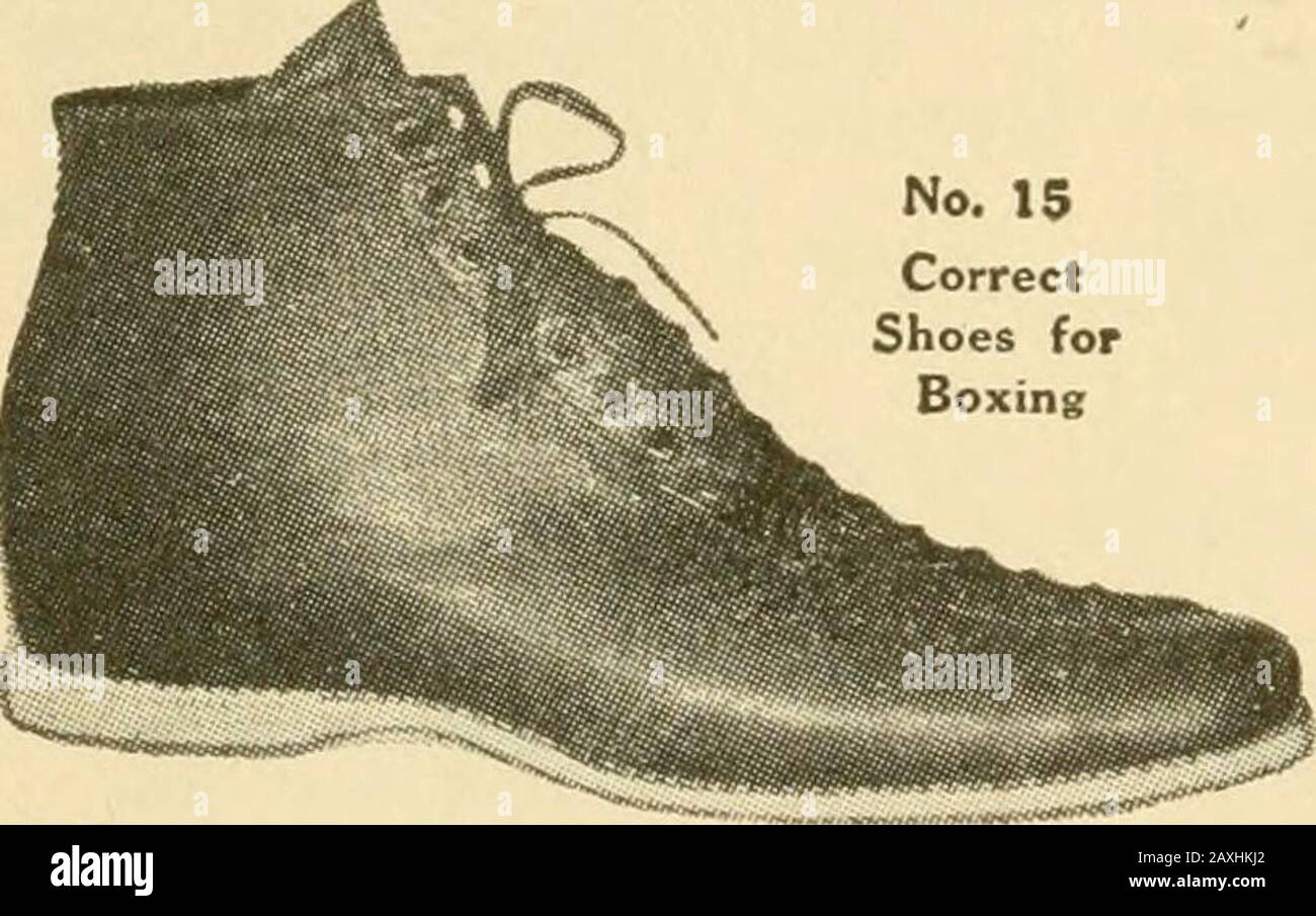 Graded calisthenic and dumb bell drills . SPALDING GYMNASIUM SHOES. No. 15 Correct Shoes for Boxing No. 166 Stock Photo