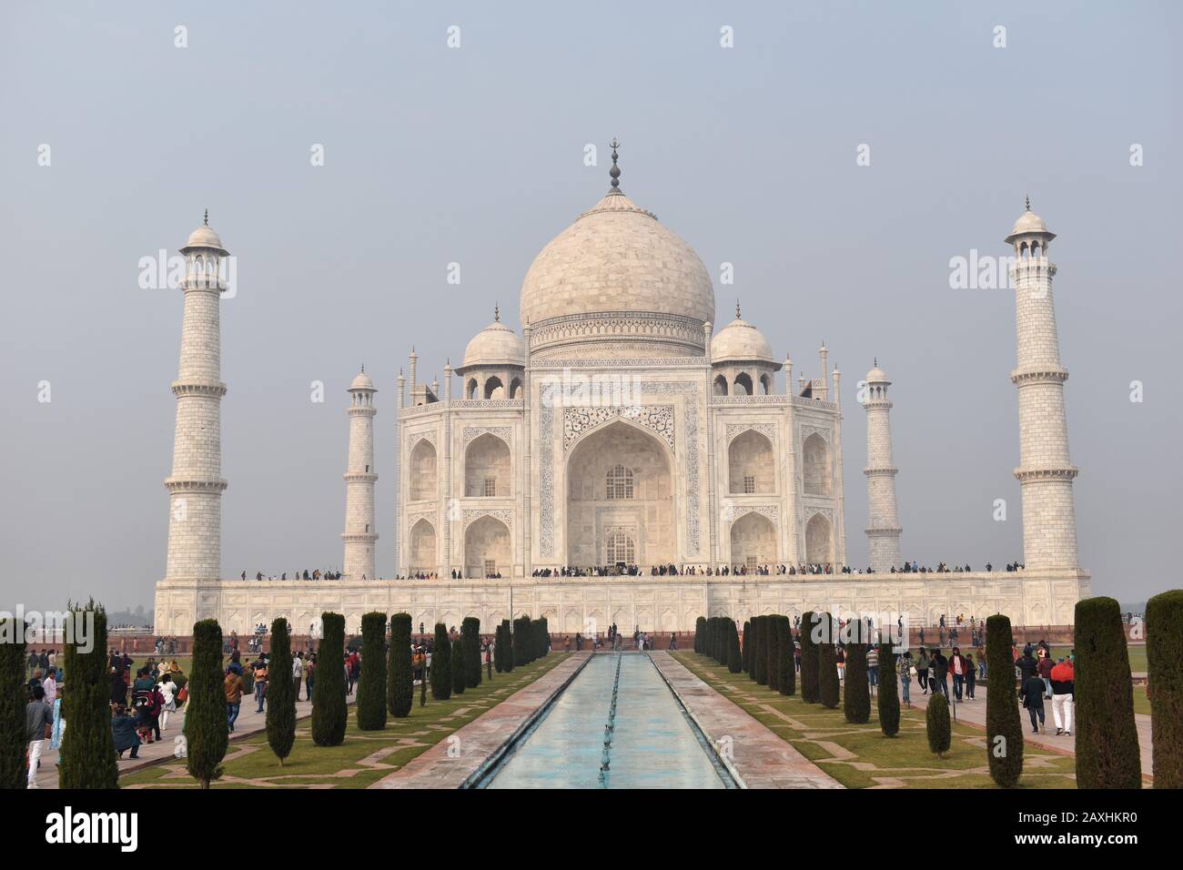 Agra, Uttar Pradesh, India, January 2020, Front View of Taj Mahal, built by the Mughal emperor Shah Jahan as a mausoleum for his wife Mumtaz Mahal Stock Photo