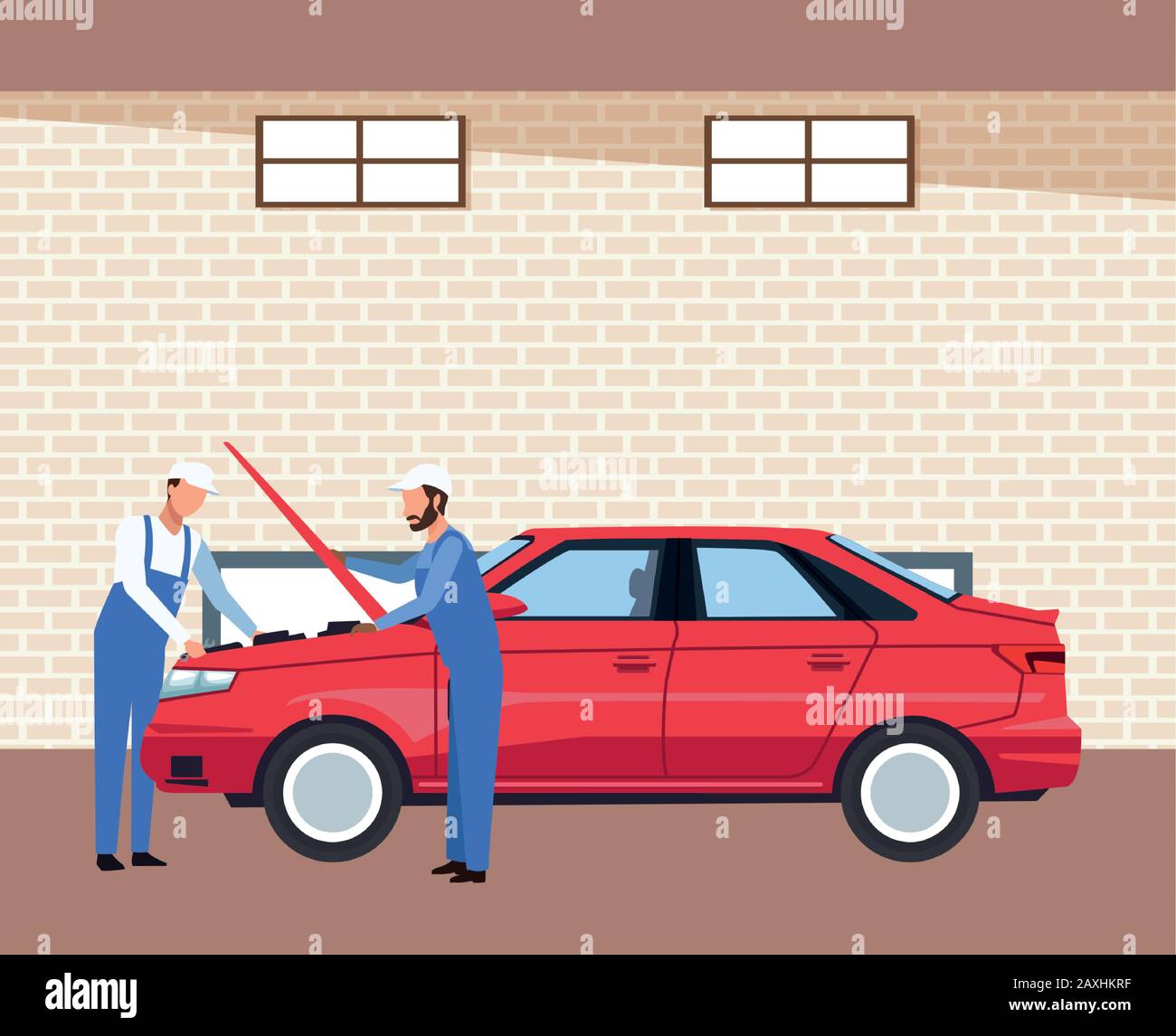 car scenery with mechanics fixing a red car Stock Vector Image