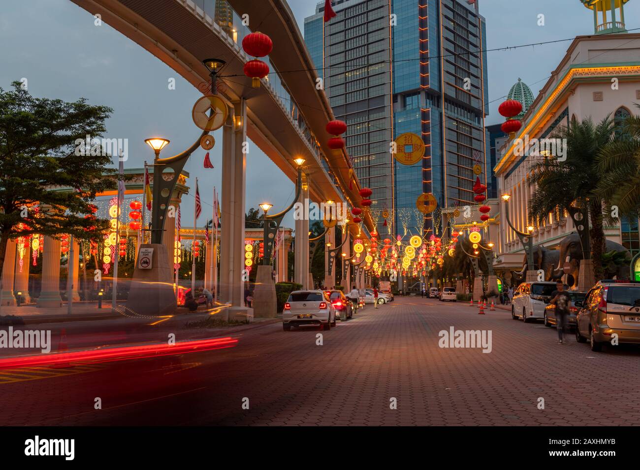 Road in front of Sunway Resort and Hotel Sunway, Selangor, Malaysia at dusk. Stock Photo