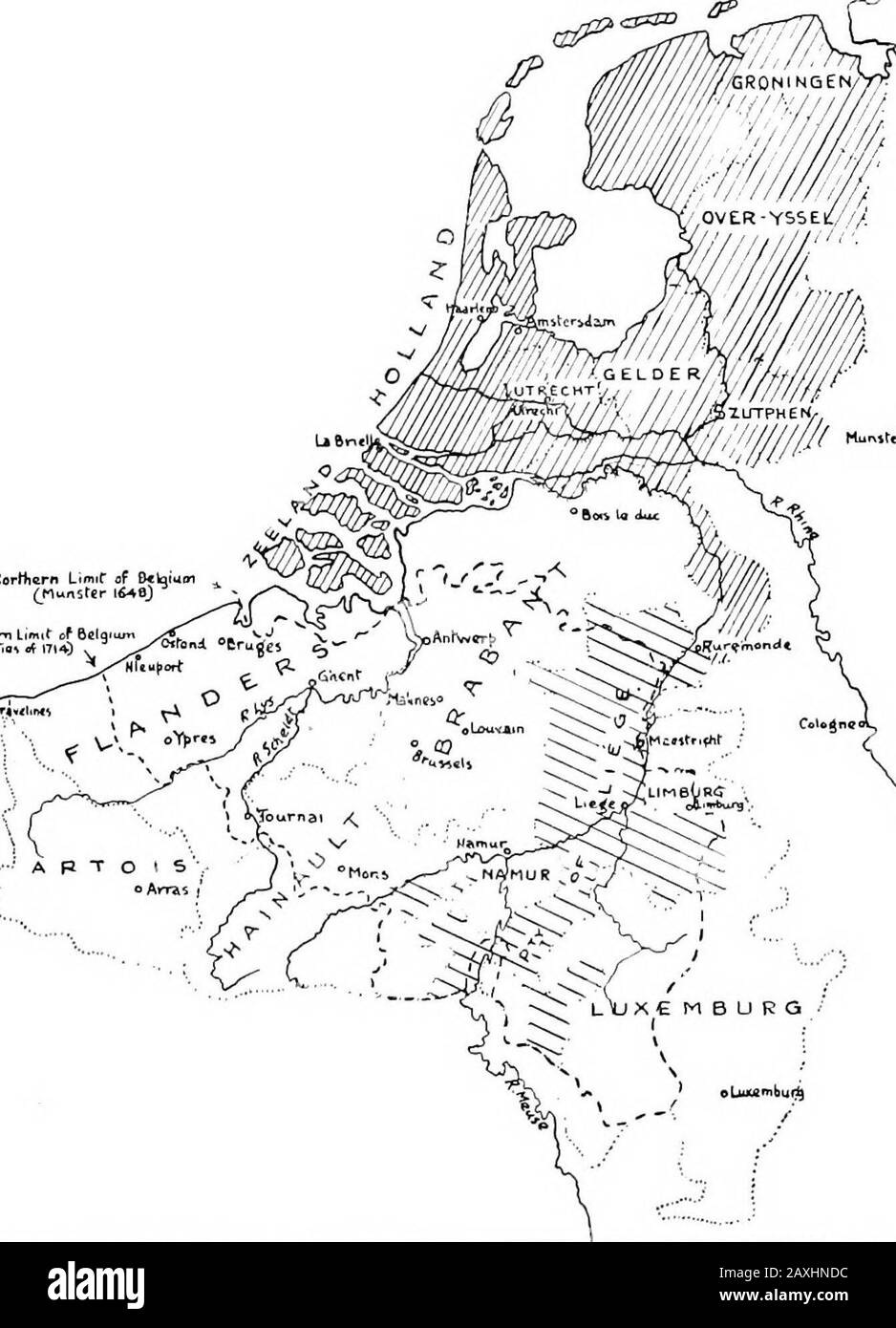 A history of Belgium from the Roman invasion to the present day . jcuHiam Limit cf Belgi(Trx»Ilin rf 171*) . ^ BELGIUM UNDER THE RULE OF THE KINGS OF SPAIN. ALBERT AND ISABELLA 2d5 Dunkirk, in view of the projected landing. Thecomplete failure of the expedition released theseforces, but their absence from the Northernprovinces had already given Maurice of Nassauthe opportunity of restoring the situation (1588).The next year, instead of resuming the campaignagainst the United Provinces, Farnese was obligedto fight in France to support the Cathohc League.It was in the course of one of these expe Stock Photo