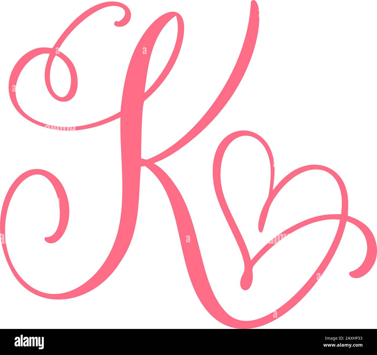 Vector Vintage floral monogram letter K. Calligraphy element heart logo Valentine card flourish frame. Hand drawn Love sign for page decoration and Stock Vector