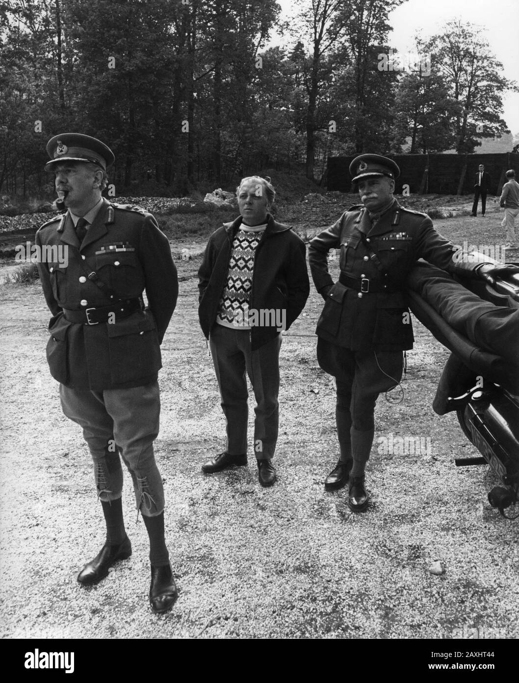 MICHAEL REDGRAVE in costume as General Sir Henry Wilson Director RICHARD  ATTENBOROUGH and LAURENCE OLIVIER in costume as Field Marshal Sir John  French on set location candid filming OH ! WHAT A