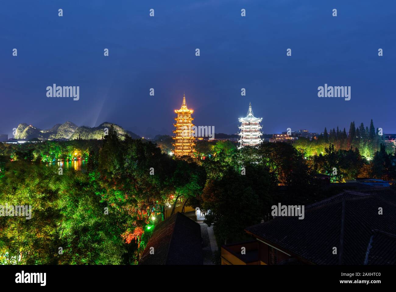 Chinese Temple in Guilin China at night Stock Photo
