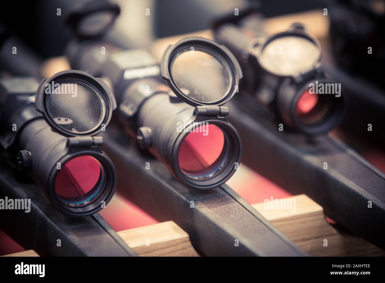 Close up shot of some rifles with scopes Stock Photo Alamy