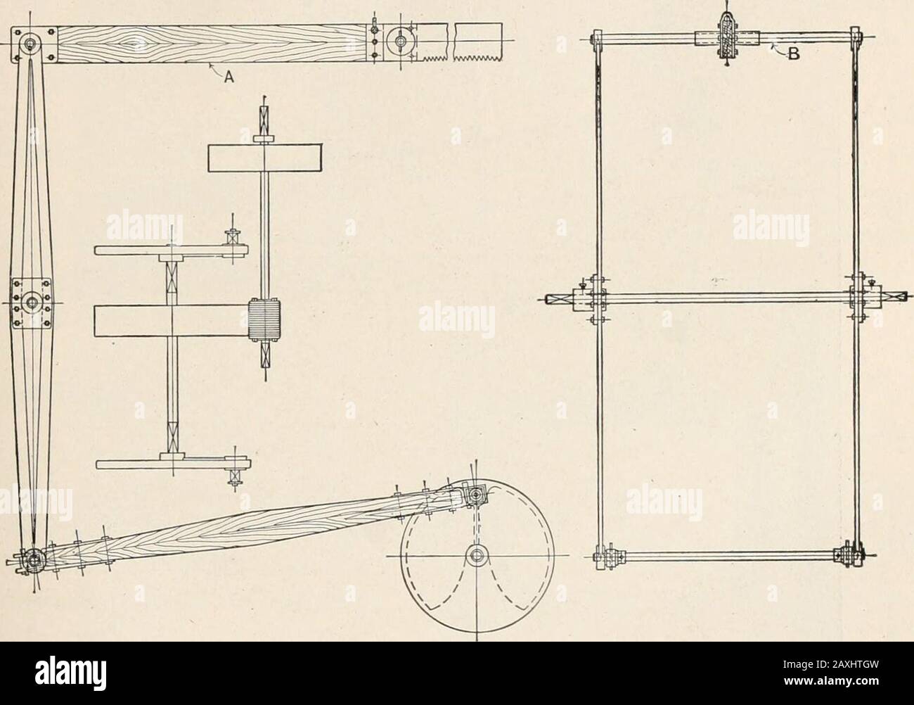 Lumber, its manufacture and distribution . By Permission Hill-Curtis Co. Fig. 19.—Steam-driven Drag Saw for Deck Use. DEVICES FOR CROSS-CUTTING LOGS 39 Deck Drag-saw. This type of saw has steam, compressed-air, belt or walking-beamdrive. The equipment is placed on the deck near the point wherethe logs enter the mill, and the saw extends across the log trough. Atype of steam drive for deck use is shown in Fig. 19. This doesnot differ in the essential features of construction or operation fromthe marine steam drag-saw shown in Fig. 18. A steam or a compressed-air drive usually gives a more even Stock Photo