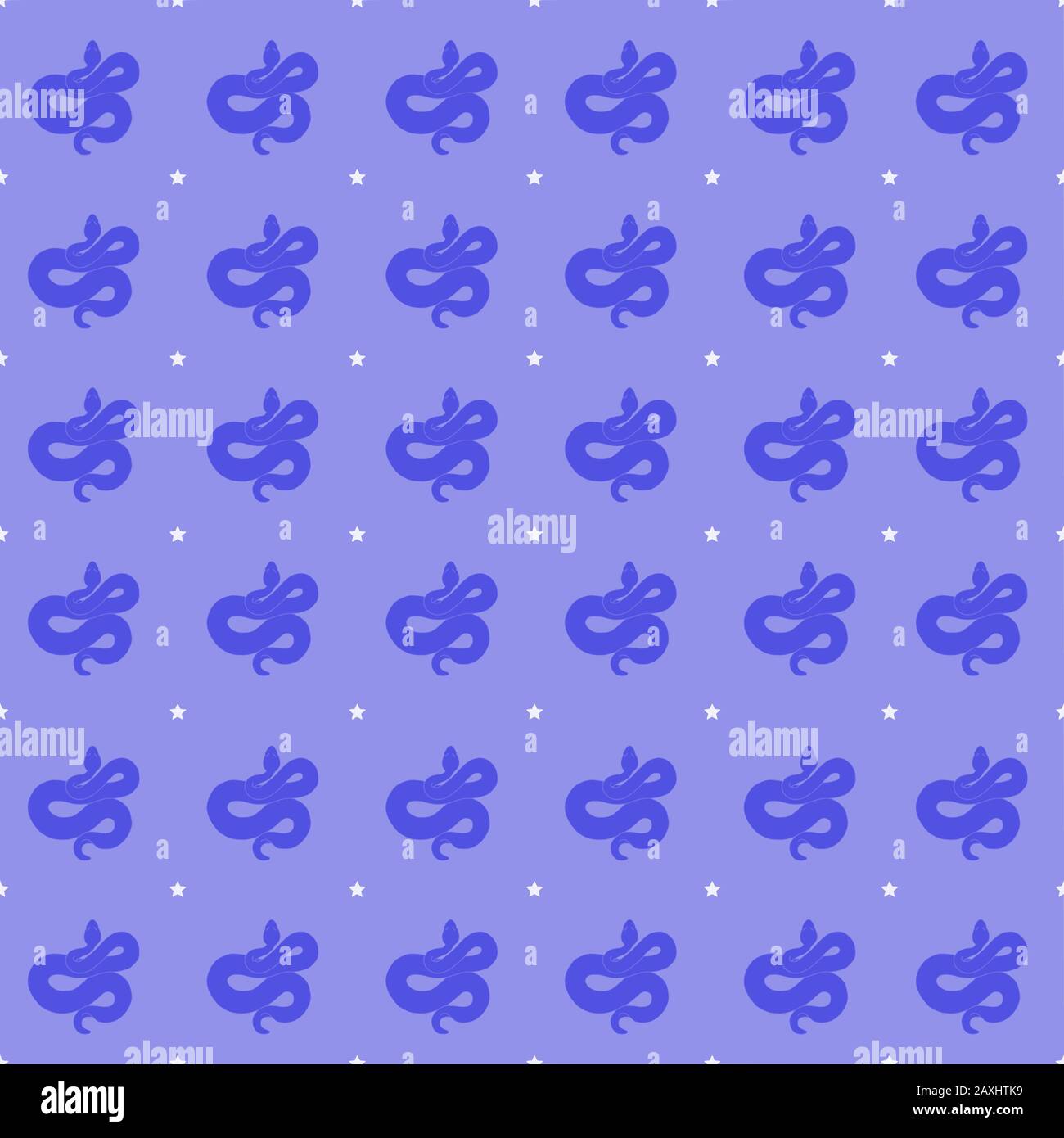 Repeating snake and star pattern. Seamlessly tiles for wallpapers, fabric printing, and embroidery. Purple snakes/white stars on a purple background. Stock Vector