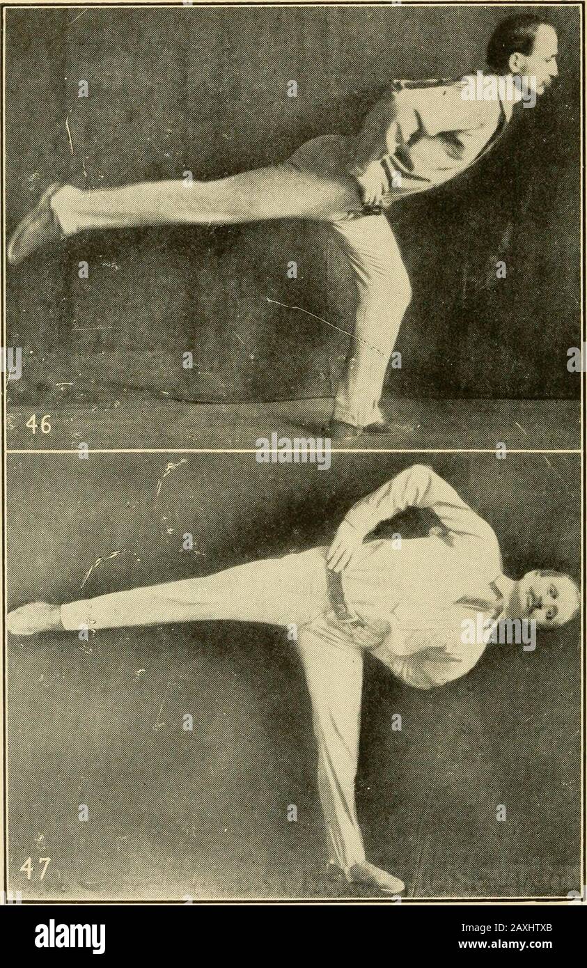 Graded calisthenic and dumb bell drills . (b) On alternate foot. (c) On one foot with move-ment of the other leg. 4. Squat. (a) Half way down. (Fig.12b.) (b) All the way down.(i)From the stand. (Fig. 12a.) (2) From the stride-stand. (3) From the stand withmovement of one leg. (c) With one leg, withmovement of other. (d) Squat - rest position(Fig. 13), with move-ment of leg or legs. 5. Jump. (a) Upward, without orwith leg movements. (b) Forward and back-ward. (c) Sideways. (d) Stride-jump, withoutand with body movement. (e) Walk-jump. 6. Running exercise (without (a) Flexing leg. (Fig. 29. (b) Stock Photo