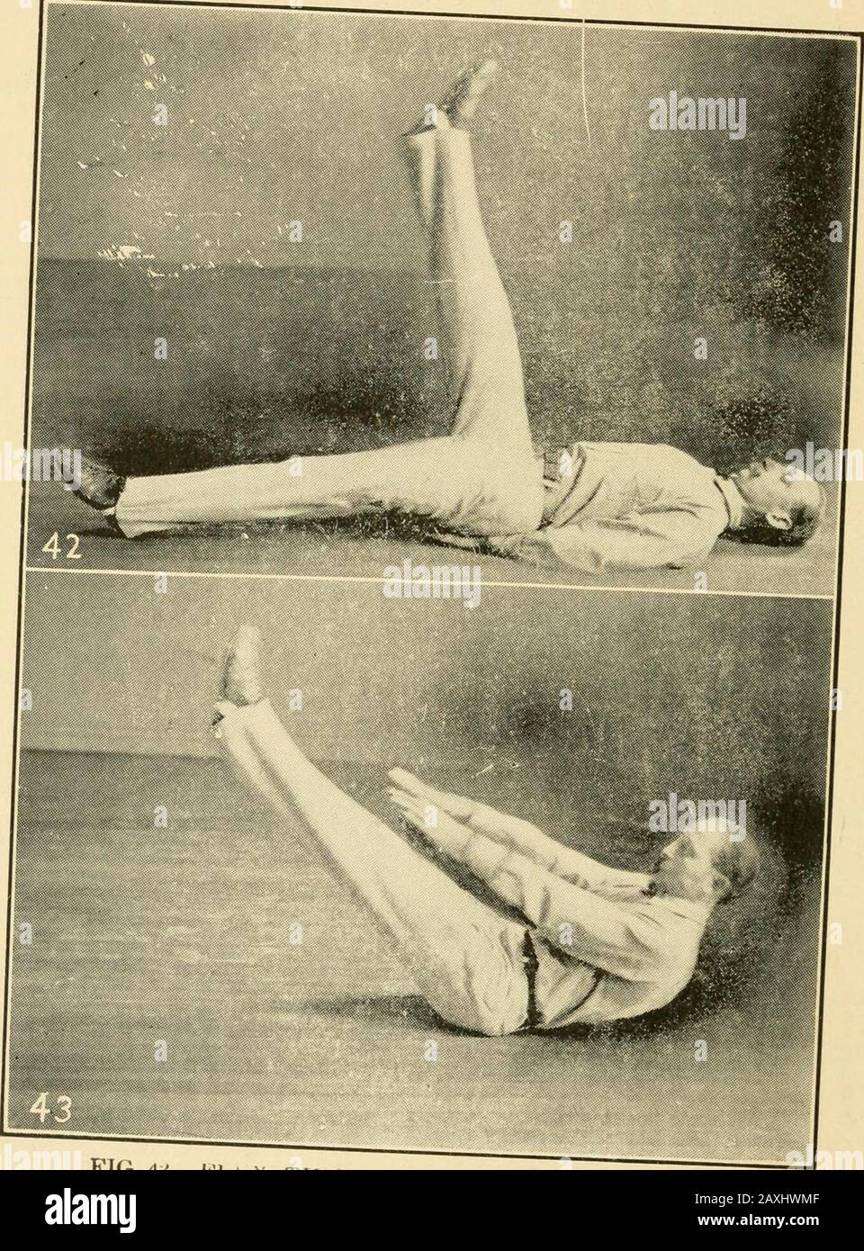 Graded calisthenic and dumb bell drills . (d) Alternate. (Fig. 2. In the stride-stoop-stand. 3. Arch—walk—stand (Fig. 5). 4. With leg movements. 5. With body movements. 6. With leg and body move-ments. 2. Head movements with resistance of hands. (a) Forward bend (Fig.21, b). (b) Side bend (Fig. 22, b). (c) Backward bend (Fig.21, a). (d) Project and retract(Fig. 23). (e) Rotate. (f) Circumduct. 3. Arm swings and circles, (a) Forward to vertical(Fig. 2&gt;7&gt;). (b) Sideways to vertical(Fig. 34). (c) In horizontal plane(Fig. 35). (d) Circumduct backwardat side horizontal. 4. Hip bend (forward). Stock Photo