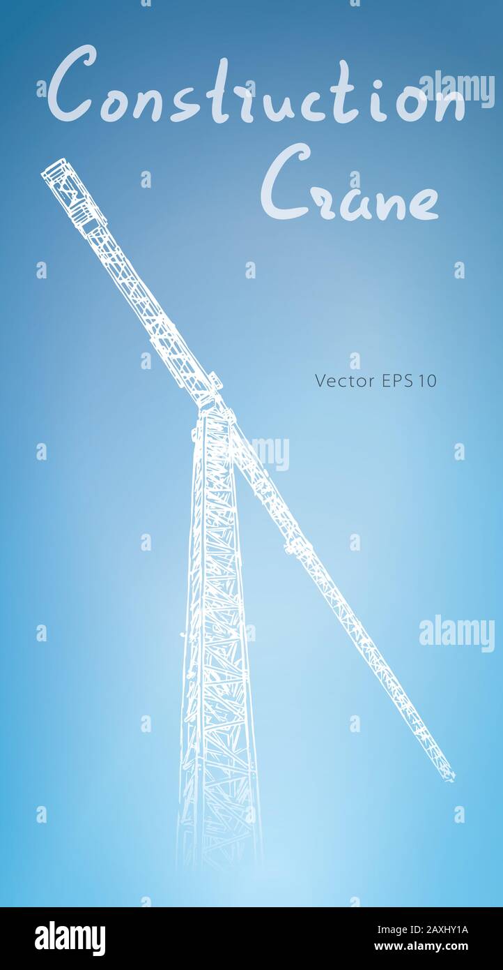Tower construction crane. Hand drawn vector on blue Stock Vector