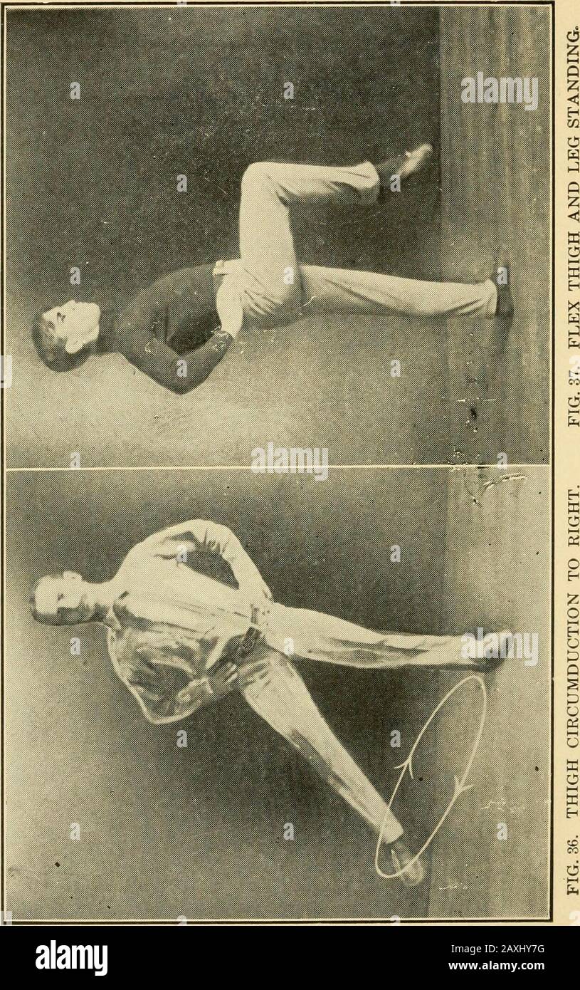 Graded calisthenic and dumb bell drills . Spaldhigs Athletic Library, 3p (2) Squat. (Fig, 12, a.) (3) Head balance. (4) Forearm balance. (Fig. 48.) (5) Hand balance. (Fig. 49.) [I. MOVEMENTS are subdivided as follows: 1. Head.— (a) Bend (Figs. 21 and 22b.)forward, side,back. (b) Projection and retraction. (Fig. 23. (c) Rotation. (d) Circumduction. 2. Body.— (a) Hip bend. (Fig. 19.) (b) Side bend. (Fig. 31.) (c) Arch bend. (Fig. 5.) (d) Rotation. (Fig. 20.) 3. Upper Extjem ities. — (a) Thrusts (Fig. 38.)forward (Fig. 15), side horizontal (Fig. 14),upward (Fig. 16). (b) Swings,forward (Fig. z?&g Stock Photo