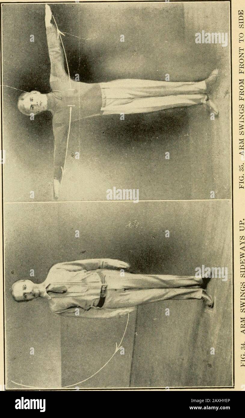 Graded calisthenic and dumb bell drills . FIG. 32. CIRCUMDUCT BODY TO LEFT.FIG. 33. ARM SWINGS FORWARD UP. Spaldings Athletic Libi^ary. 2&gt;7 Development of the Graded Drill Calisthenics are divided into {) positions and (2) movements.In this work the following are used:Positions: stand, squat, squat-rest, sitting, leaning-rest, lie down.Movements: of the head, body, upper extremities, lowerextremities. Positions are further subdivided as follows:I. POSITIONS. 1. Standing. Attention (Fig. i),Stride—Stand (Fig. 3).Stoop—Stand (Fig. 4).Stride—Stoop—Stand.Arch—Walk—Stand (Fig. 5).Walk-Stand (Fi Stock Photo