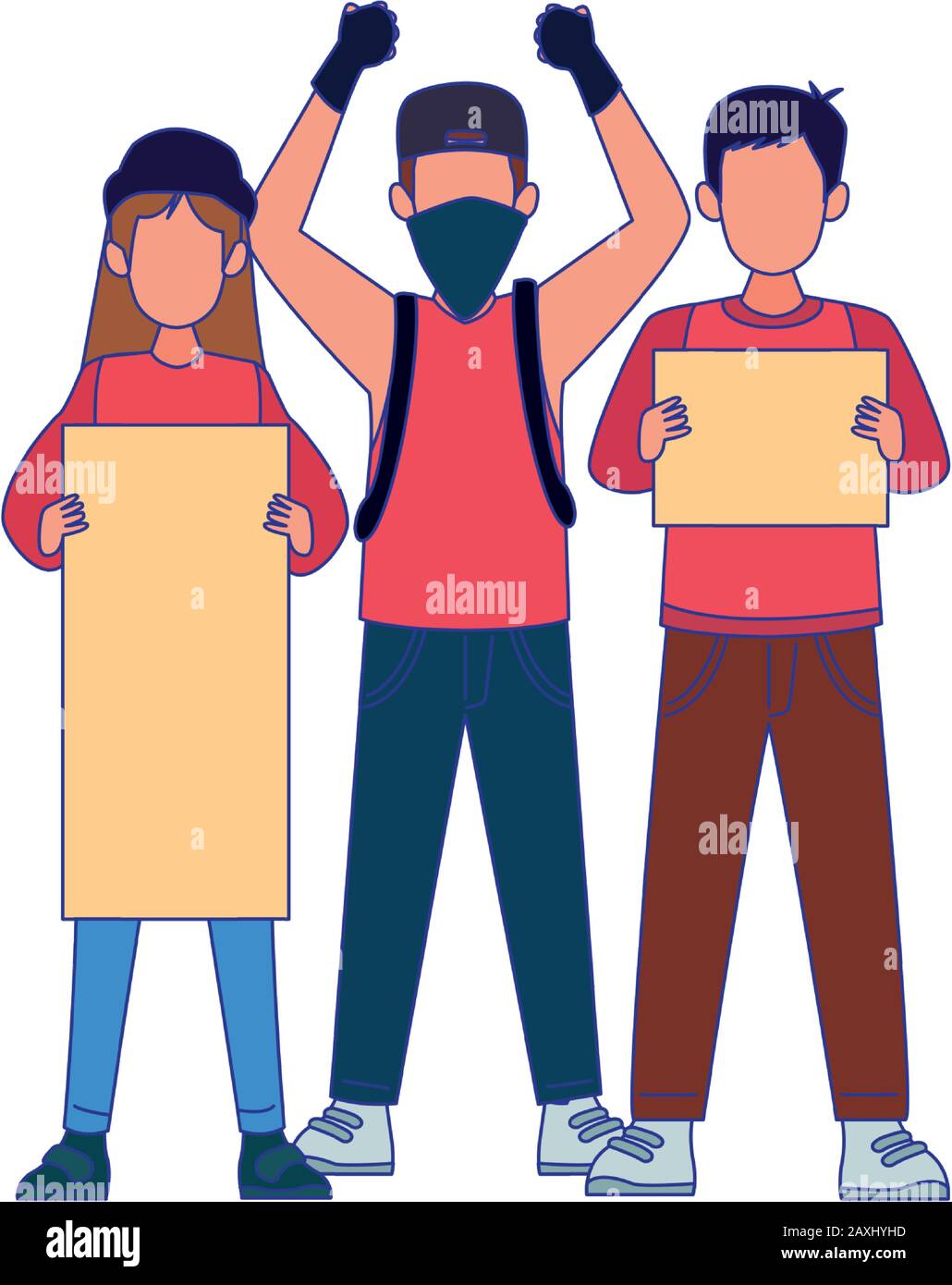 cartoon young people protestating holding blank signs, colorful design ...