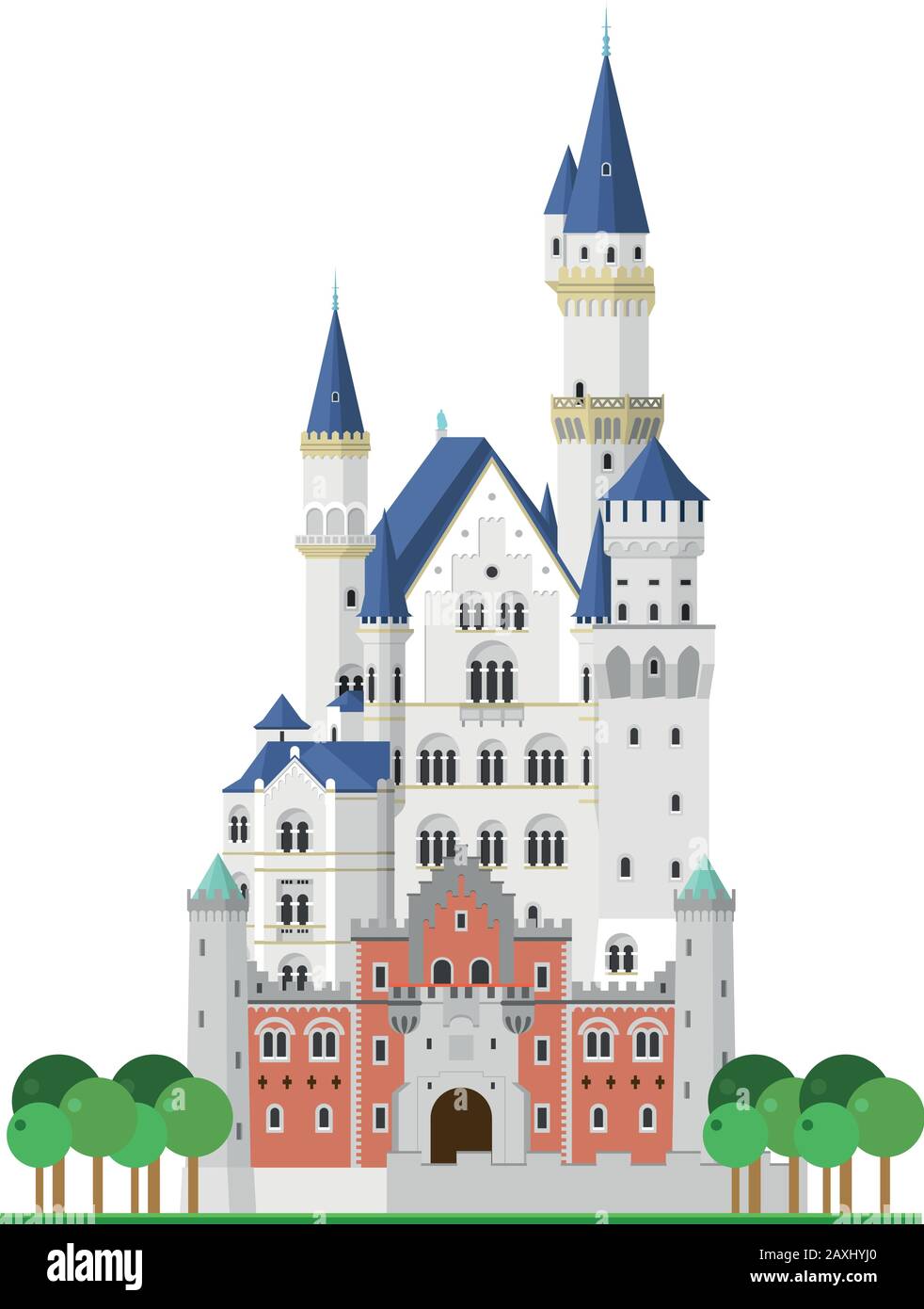 Neuschwanstein Castle (Bavaria, Germany). Isolated on white background vector illustration. Stock Vector