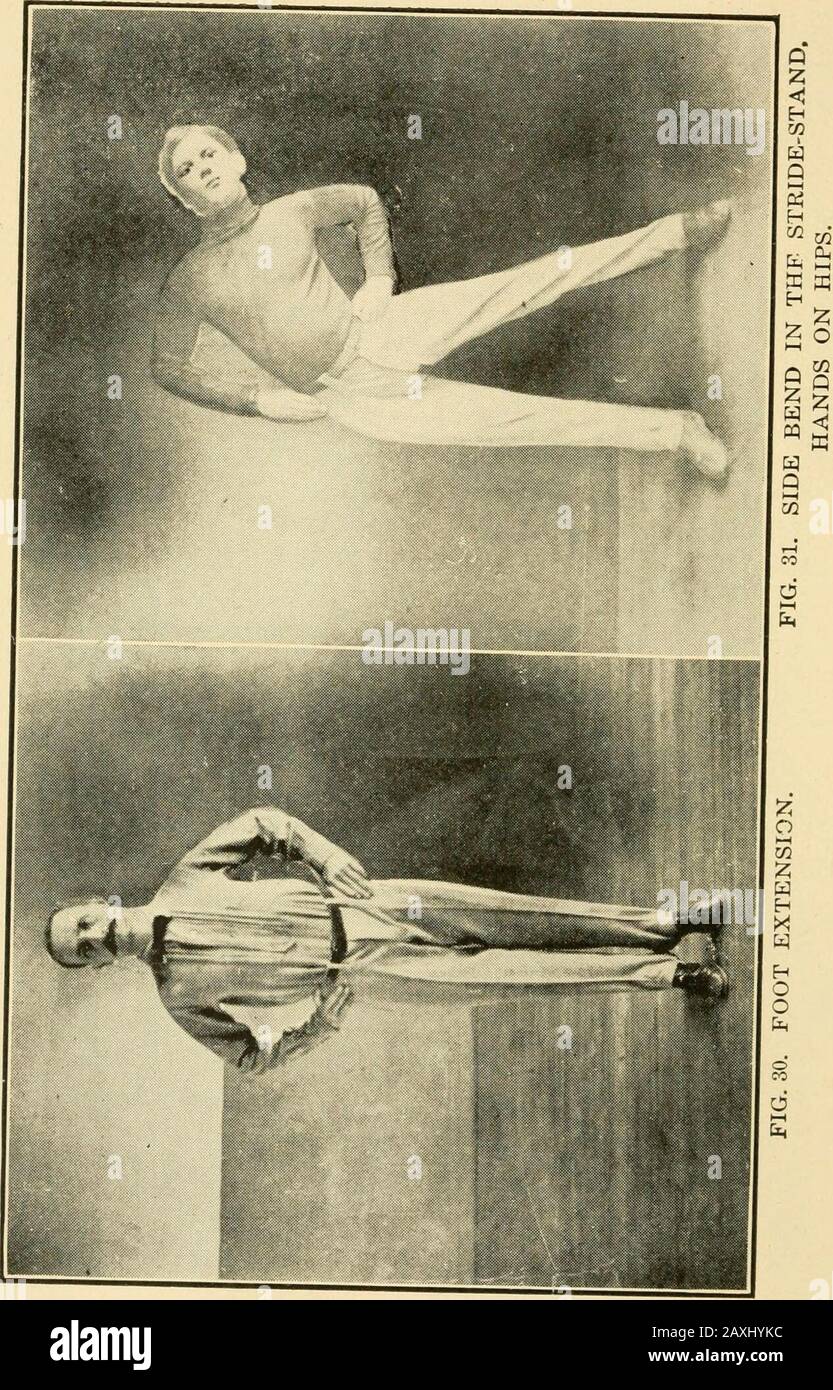 Graded calisthenic and dumb bell drills . d byhands.)(i) Broad, gaining ground in any direction indicated. (2) Upward, springing straight up without gaining ground.May be accompanied with various movements of limbs,turns, etc. (3) Stride Jump, spring to stride, stand and return to start-ing position, both thighs moving equally. (4) Walk Jump, spring to Walk-Stand and return to startingposition, also continuous alternation of feet in Walk-Stand. (5) To Stride Stand. Movement to position is performed atcommand, Left (right) foot sideways—Place! the footbeing moved twice its length to its own sid Stock Photo