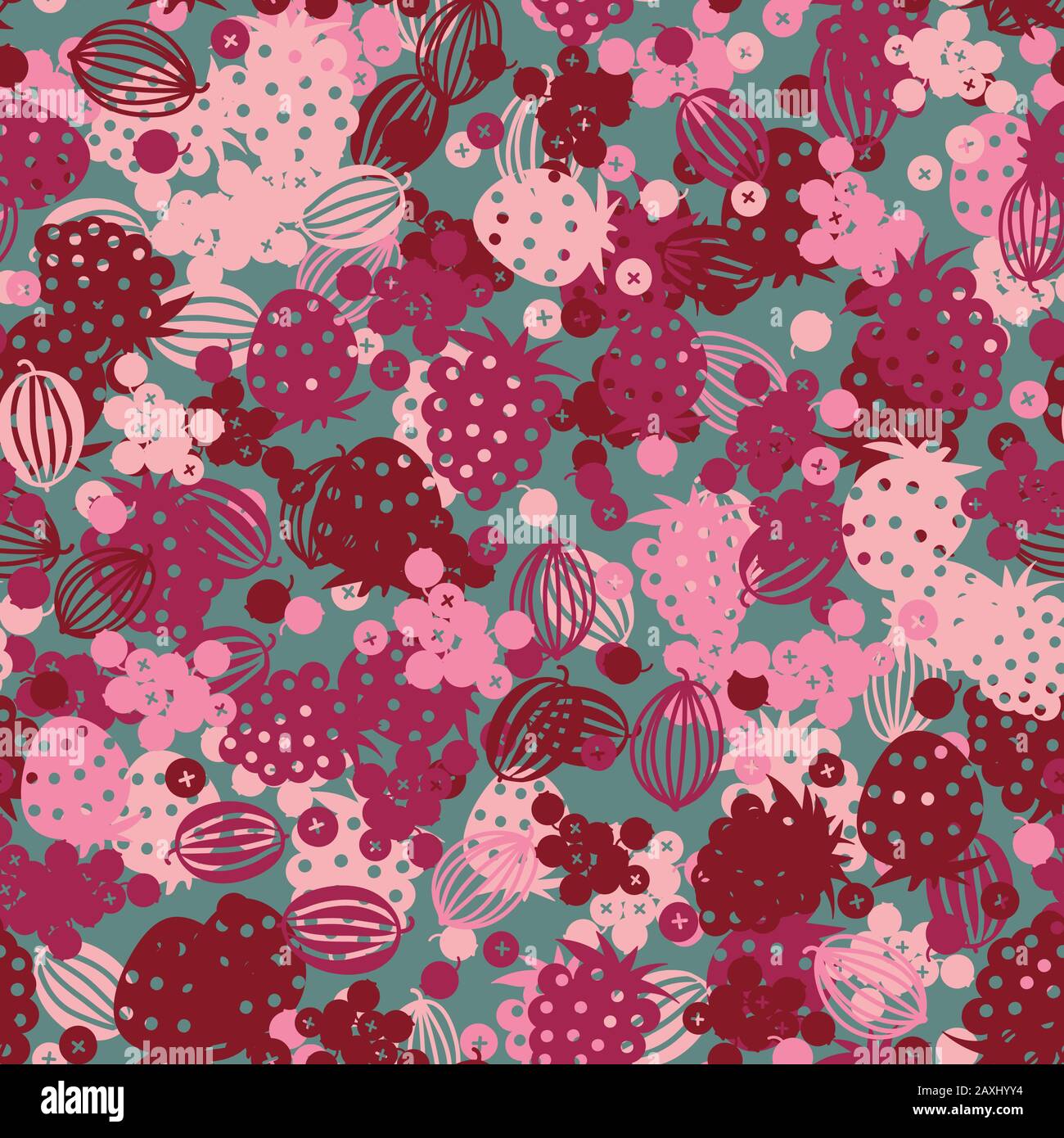 pink summertime berries seamless vector pattern on a teal background Stock Vector