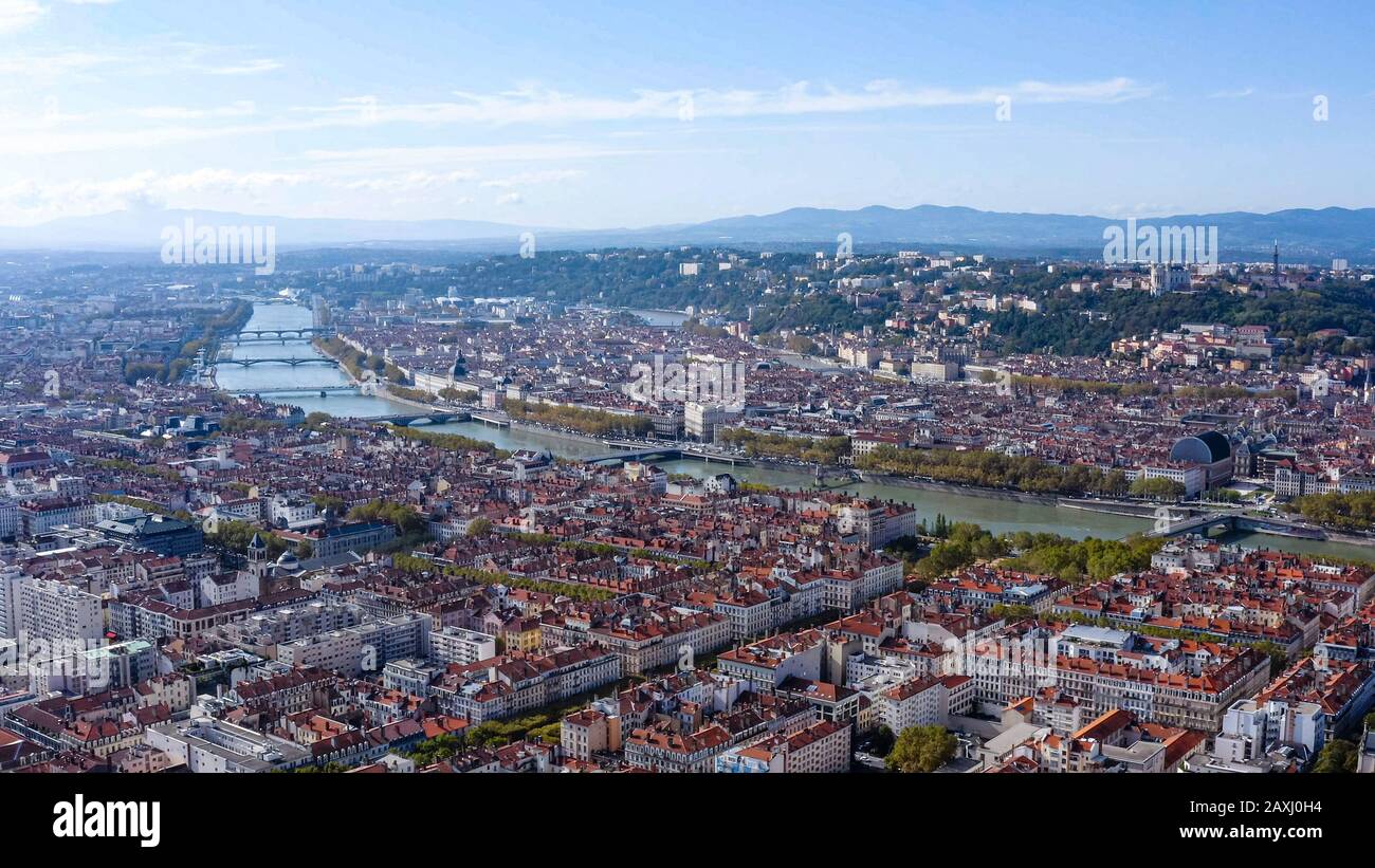 Lyon skyline from above, France's second city, and one of the great historic cities of Europe. Aerial view and cityscape ft. city town center rivers Stock Photo