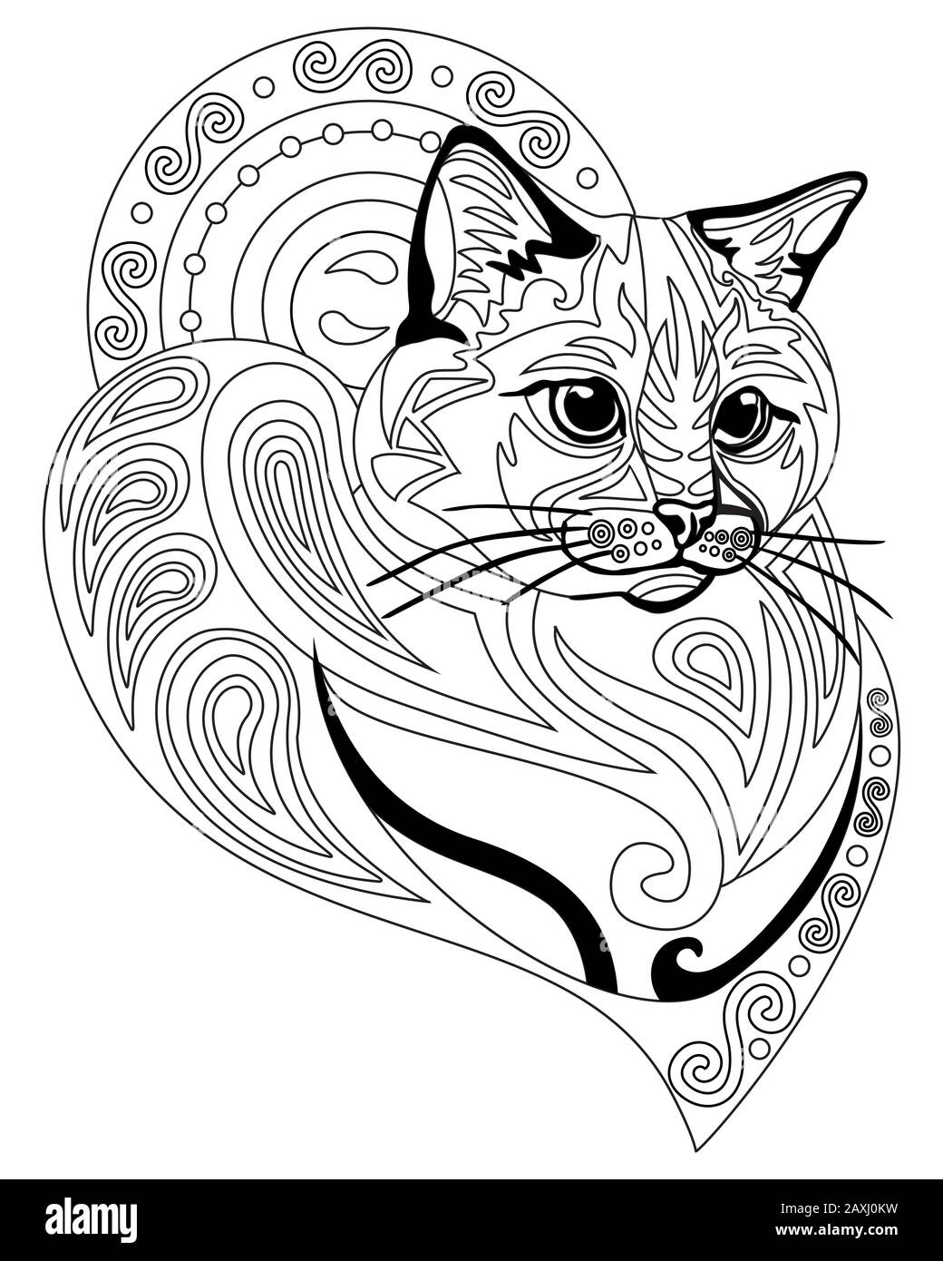 Vector hand drawing zentangle doodle coloring antistress with ornamental ragdoll cat portrait isolated on white background. Illustration for decorate Stock Vector