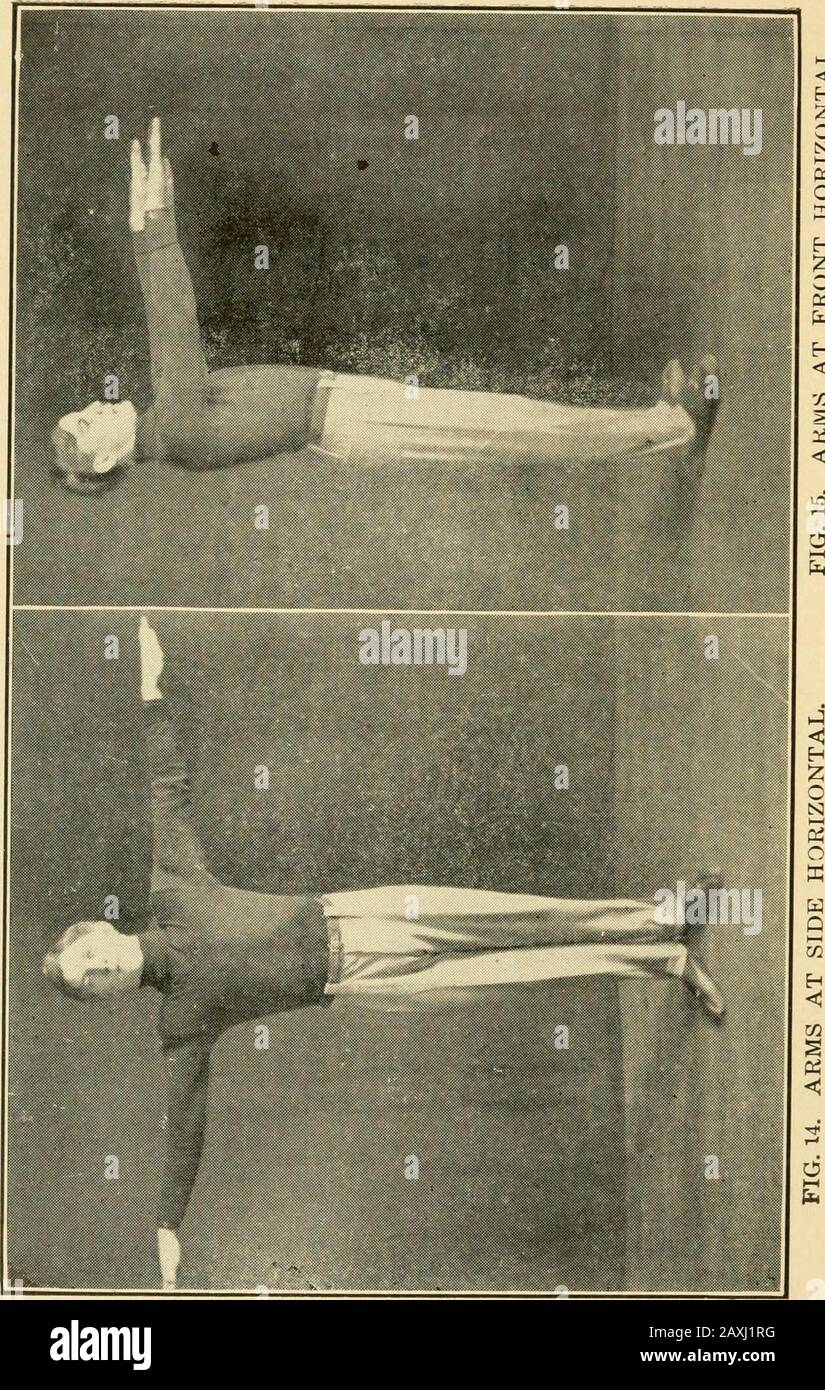 Graded calisthenic and dumb bell drills . Spaldings Athletic Library. 17 tain number of points against the man who made it, deter-mined upon beforehand in accordance with the gravity of theoffense. For example: A drill is given with ten different exercisesand each exercise has ten movements or counts. If the con-testant misses one movement one dot might be put down, whichmight represent i per cent, on the basis of say 100 per cent, fora perfect drill. Bad form would represent i per cent, for eachmovement, so that if one entire exercise were done in bad form10 per cent, would be deducted from t Stock Photo