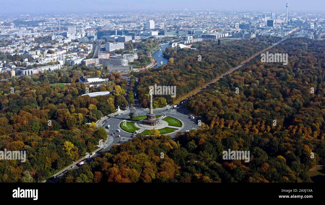 The Victory Column is a monument in Berlin, Germany. Aerial view of famous landmark is a major tourist attraction in the city. Located in Berlin Stock Photo