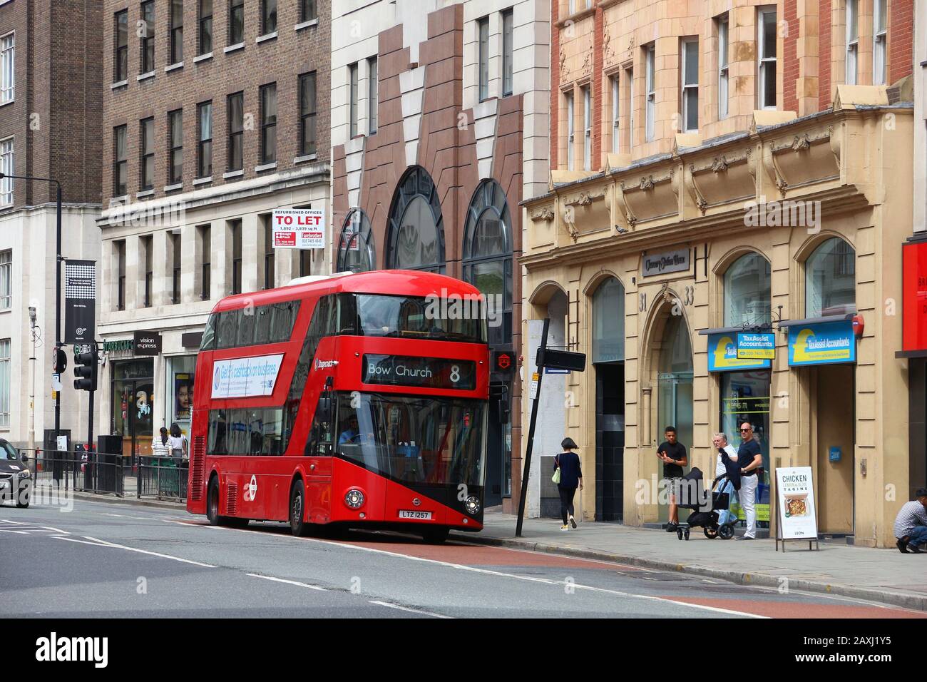 LONDON, UK - JULY 9, 2016: New Routemaster bus in Holborn, London. The hybrid diesel-electric bus is a new, modern version of iconic double decker. Stock Photo
