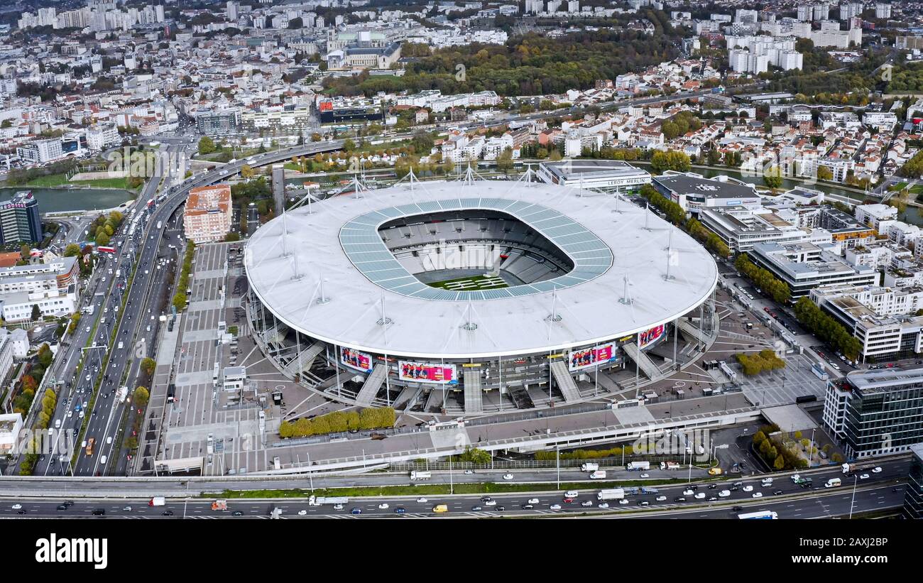 Stade de France is the national stadium of France, in Paris Saint-Denis, aerial view. For international soccer and rugby matches football and rugby. Stock Photo