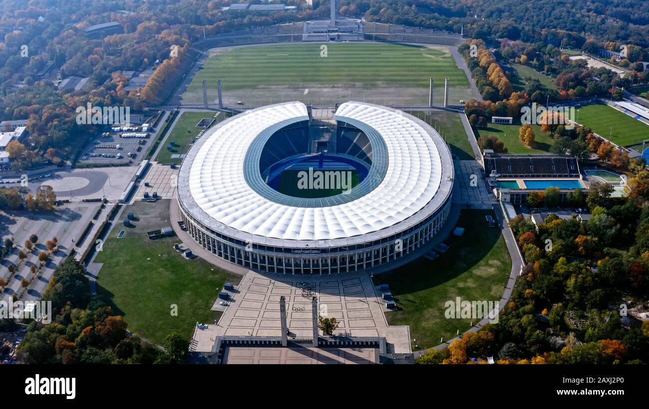 Olympic Stadium is a sports stadium at Olympia park in Berlin, Germany. Olympiastadion is home ground of Hertha BSC Stock Photo