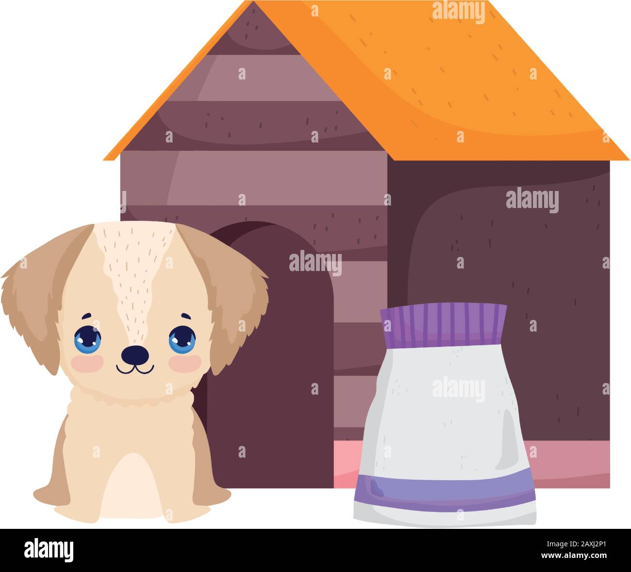 little dog sitting in front house with food package pets vector ...