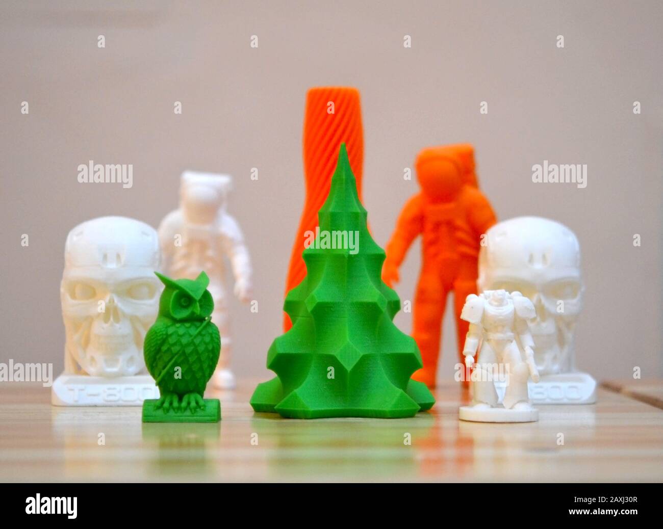 Bright objects printed by a 3d printer close-up. Copy spase, spase for text. Stock Photo
