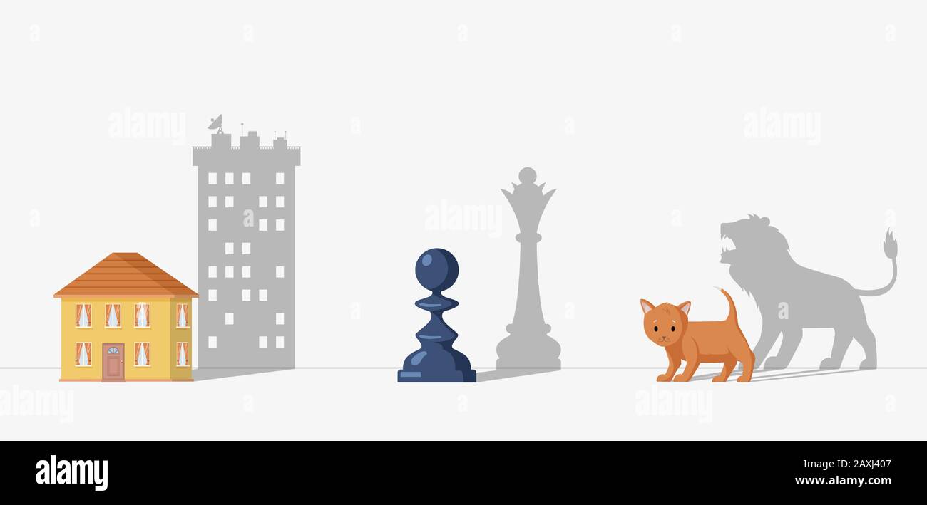 Hidden potential vector concept. Pawn dropping shadow of queen, cat become lion and small house become skyscraper. Psychological counseling, personal growth, make dreams come true flat illustration. Stock Vector