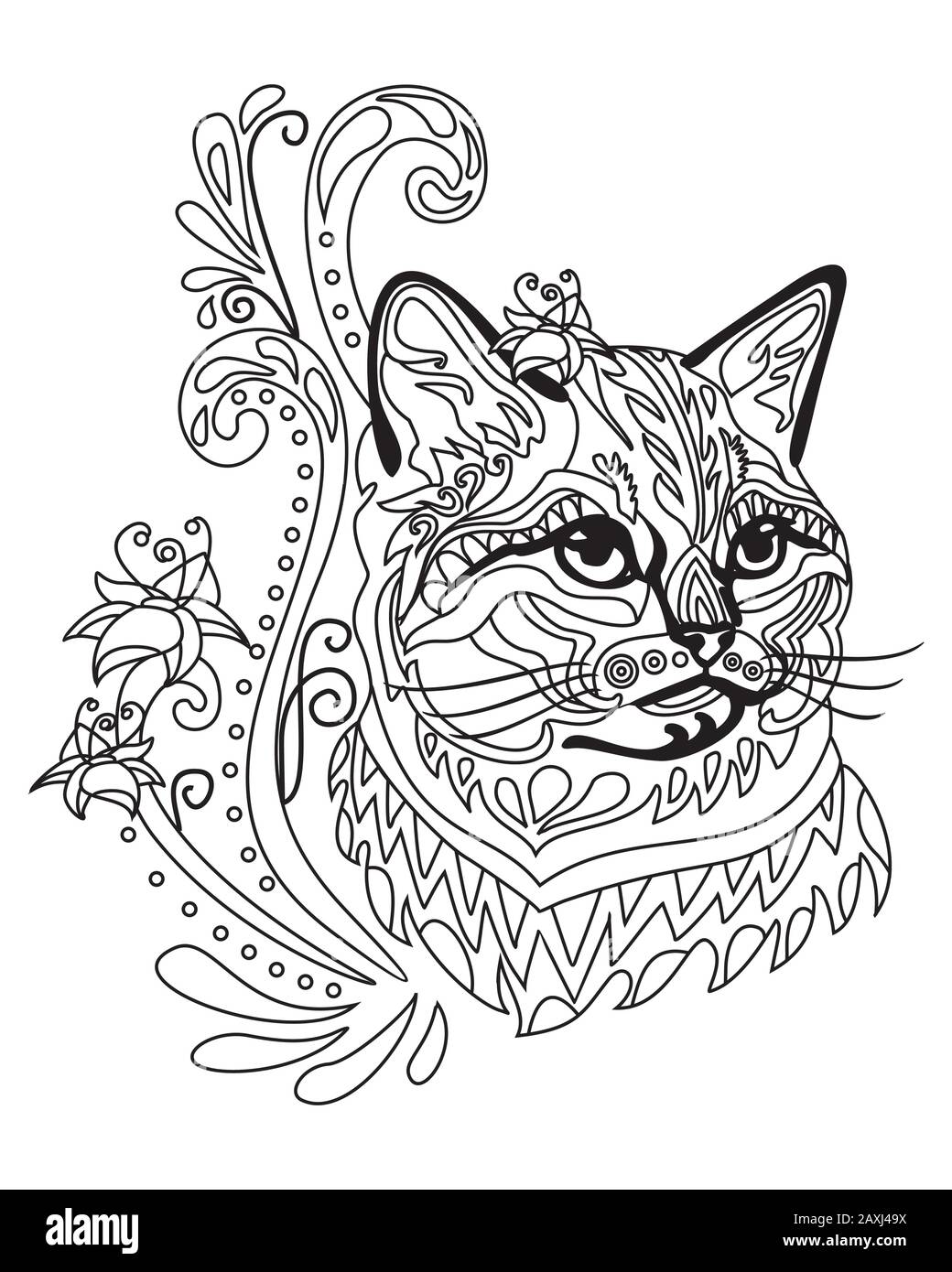 Vector hand drawing zentangle doodle coloring antistress with ornamental british cat portrait isolated on white background. Illustration for decorate Stock Vector