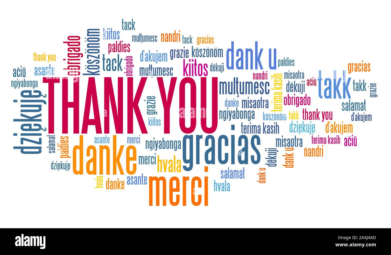 Thank you message graphics. International thank you sign in many languages including English, French, German, Dutch and Polish. Stock Photo